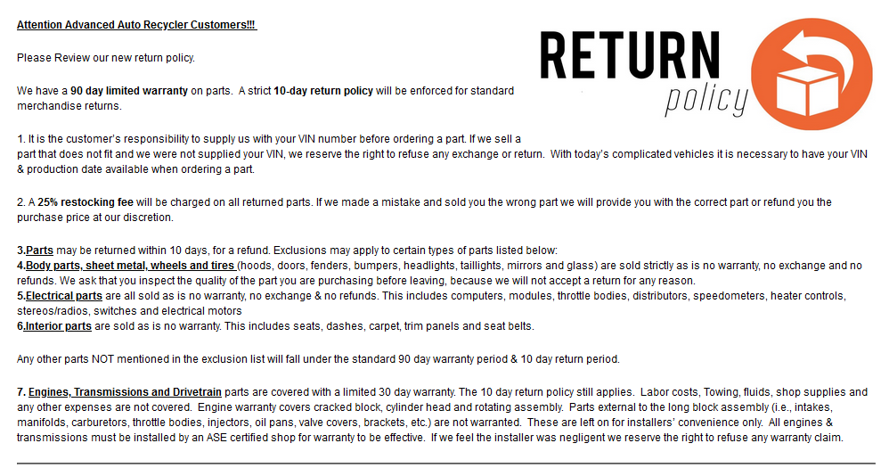 Advanced Auto Recyclers Return Policy