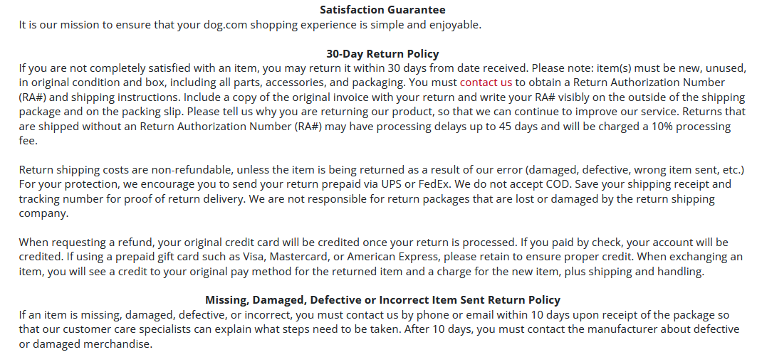 Dog.com return policy