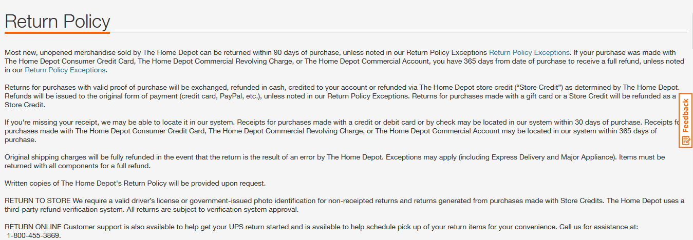 Home Depot return policy