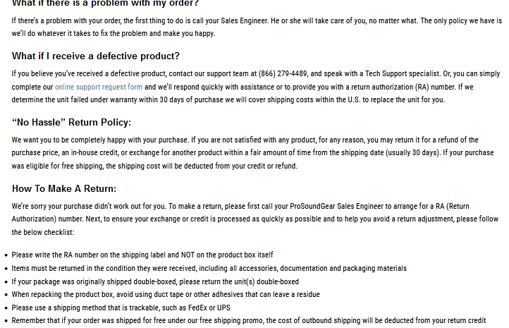 Prosoundgear return policy