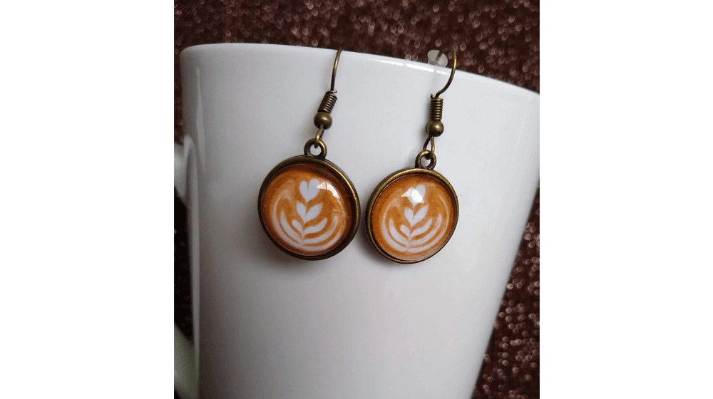 Coffee Cream Art Latte Small Dangle Glass Earrings Coffee Themed Jewelry