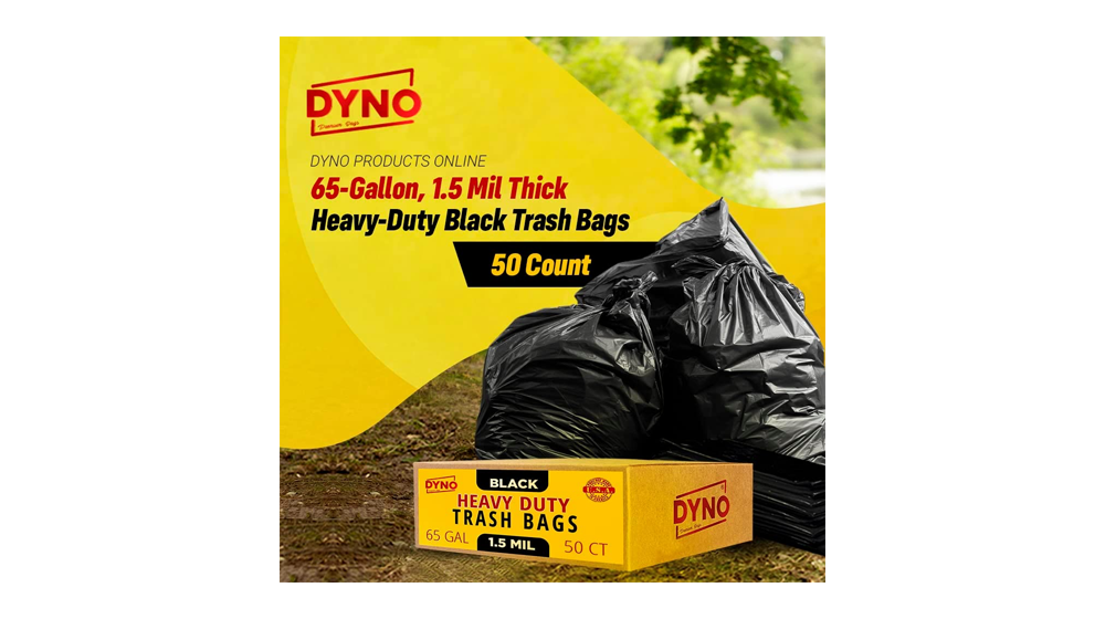 Dyno Products Online 65-Gallon, 1.5 Mil Thick Heavy-Duty Black Trash Bags