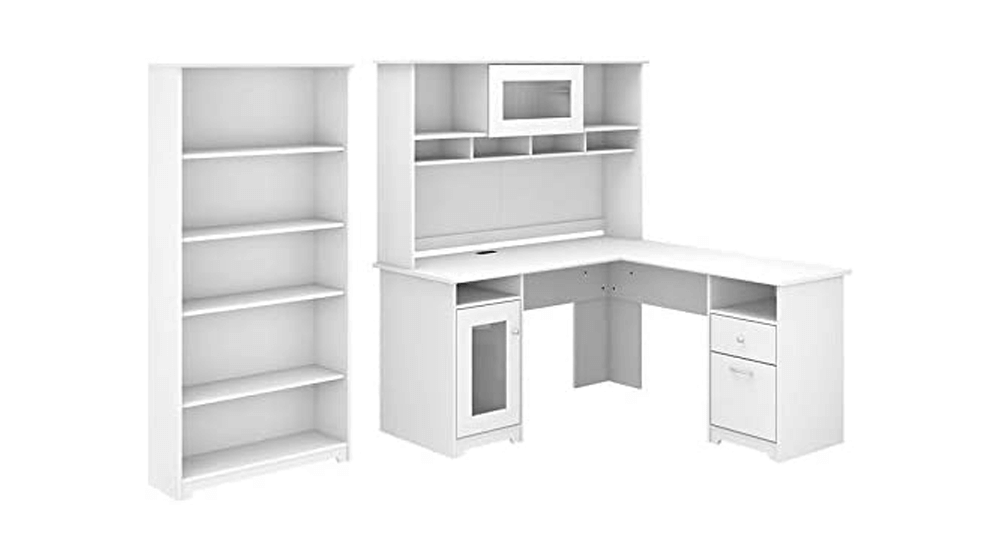 Atlin Designs Desk with Hutch and 5 Shelf Bookcase in White