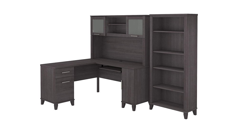 Bush Furniture Somerset 60W L Shaped Desk with Hutch and 5 Shelf Bookcase