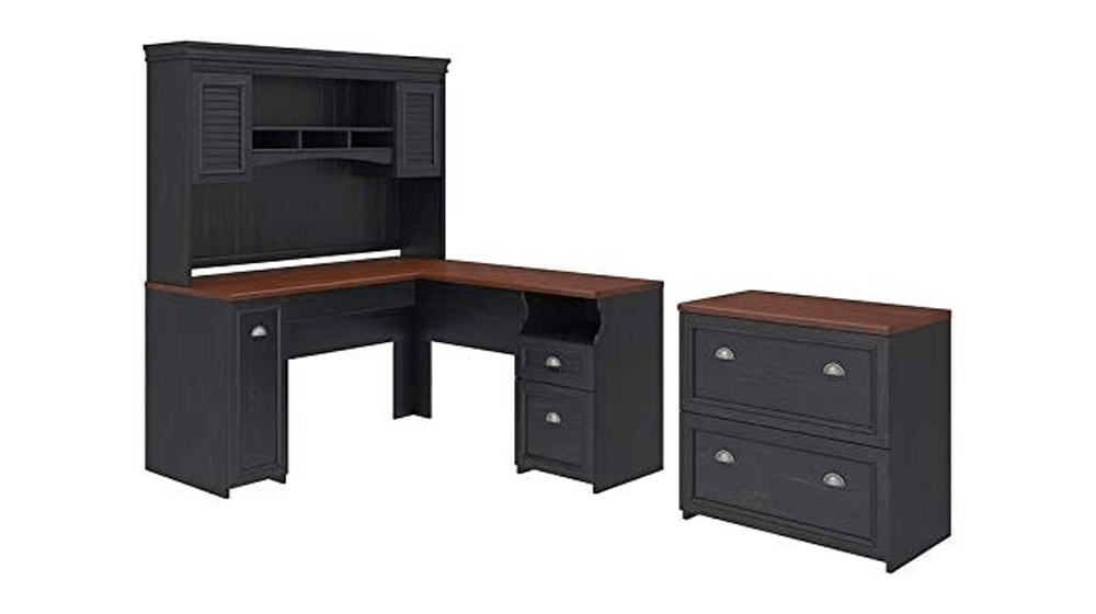 Scranton & Co Furniture Fairview L Desk with Hutch & File Cabinet in Black