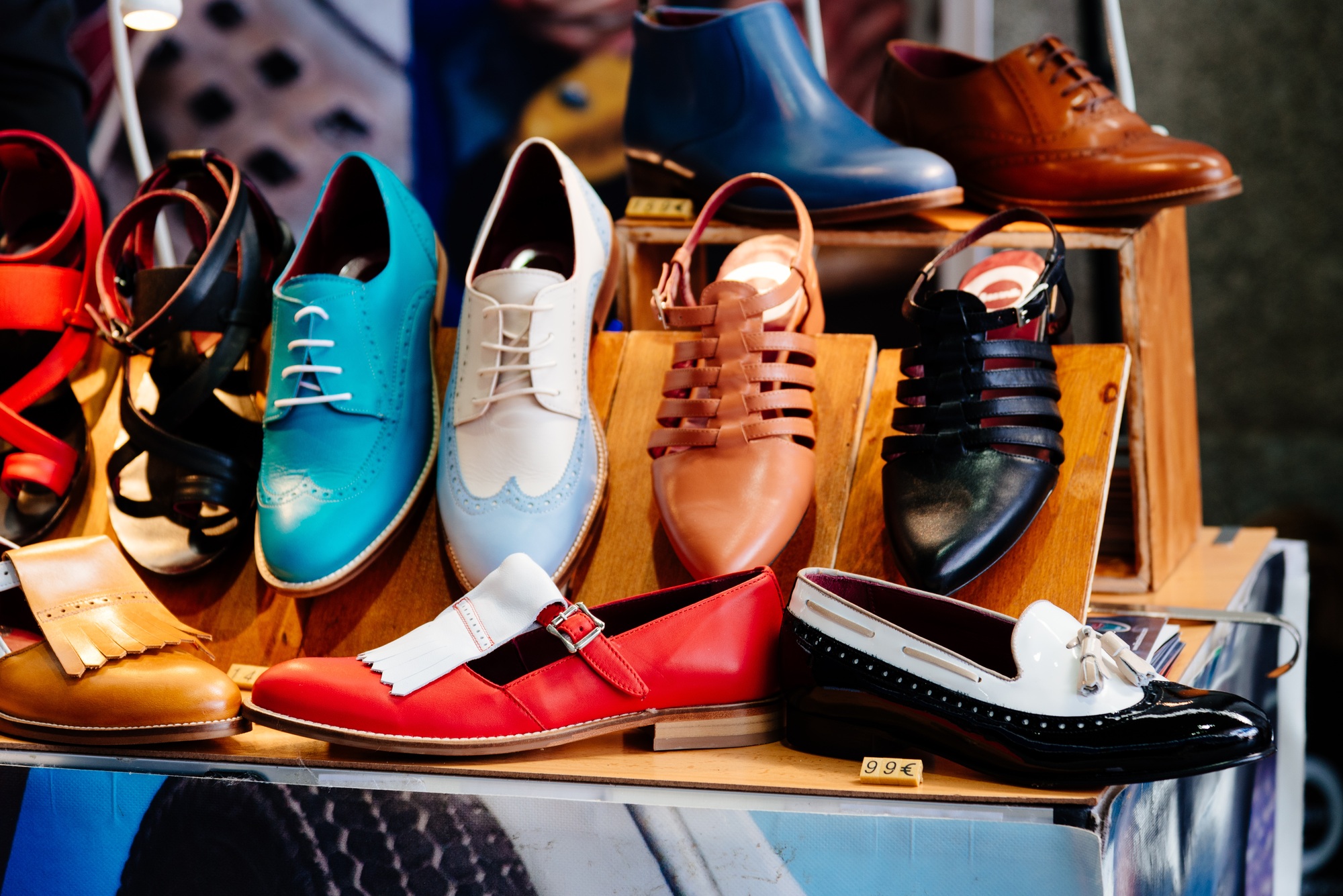 Close-up of retro shoes for sale in market stall, in Madrid Spain.
