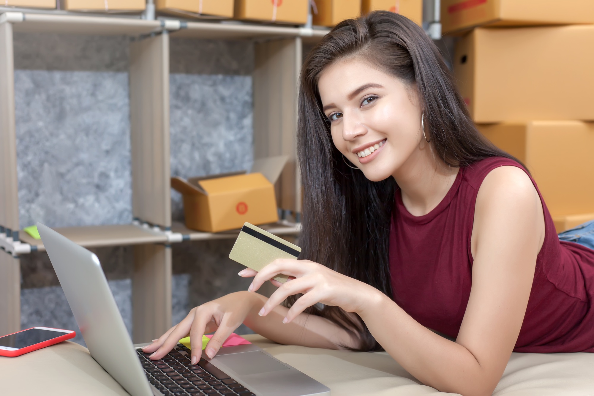 Online business. Beautiful young woman business owner about online business. Successful and happy