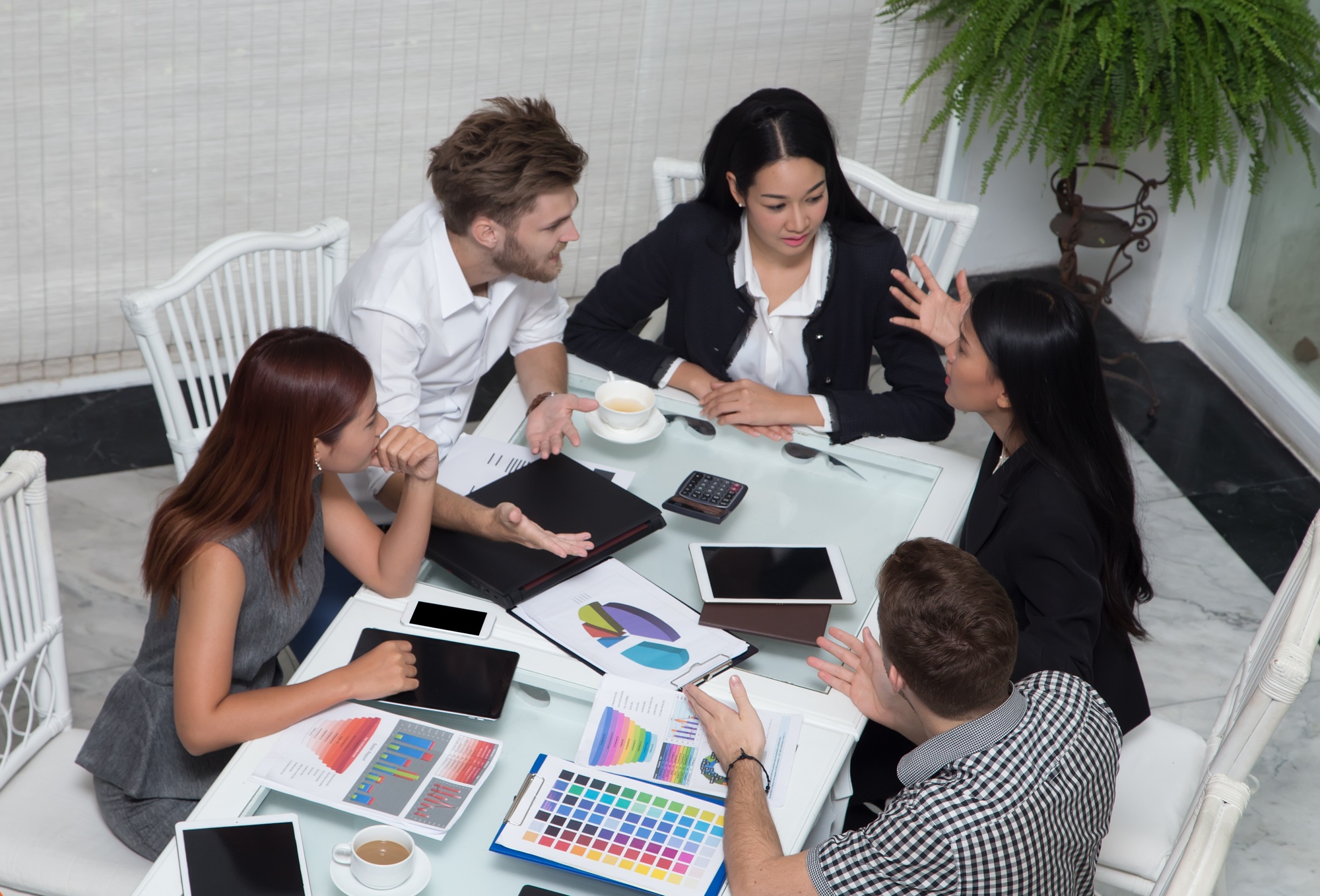 Top view Business people conflict problem working in team together