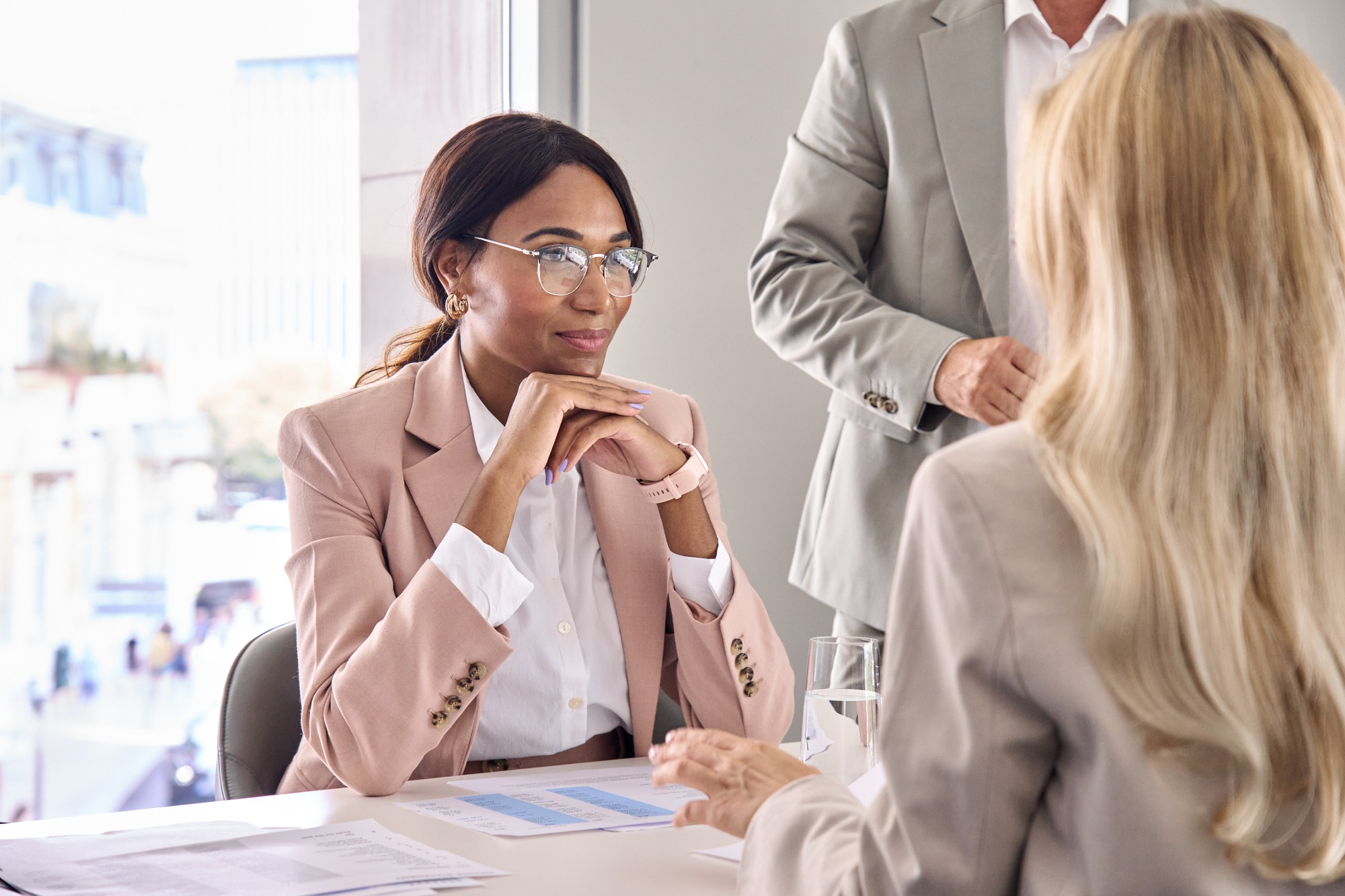 African business woman hr executive communicating at business meeting interview.