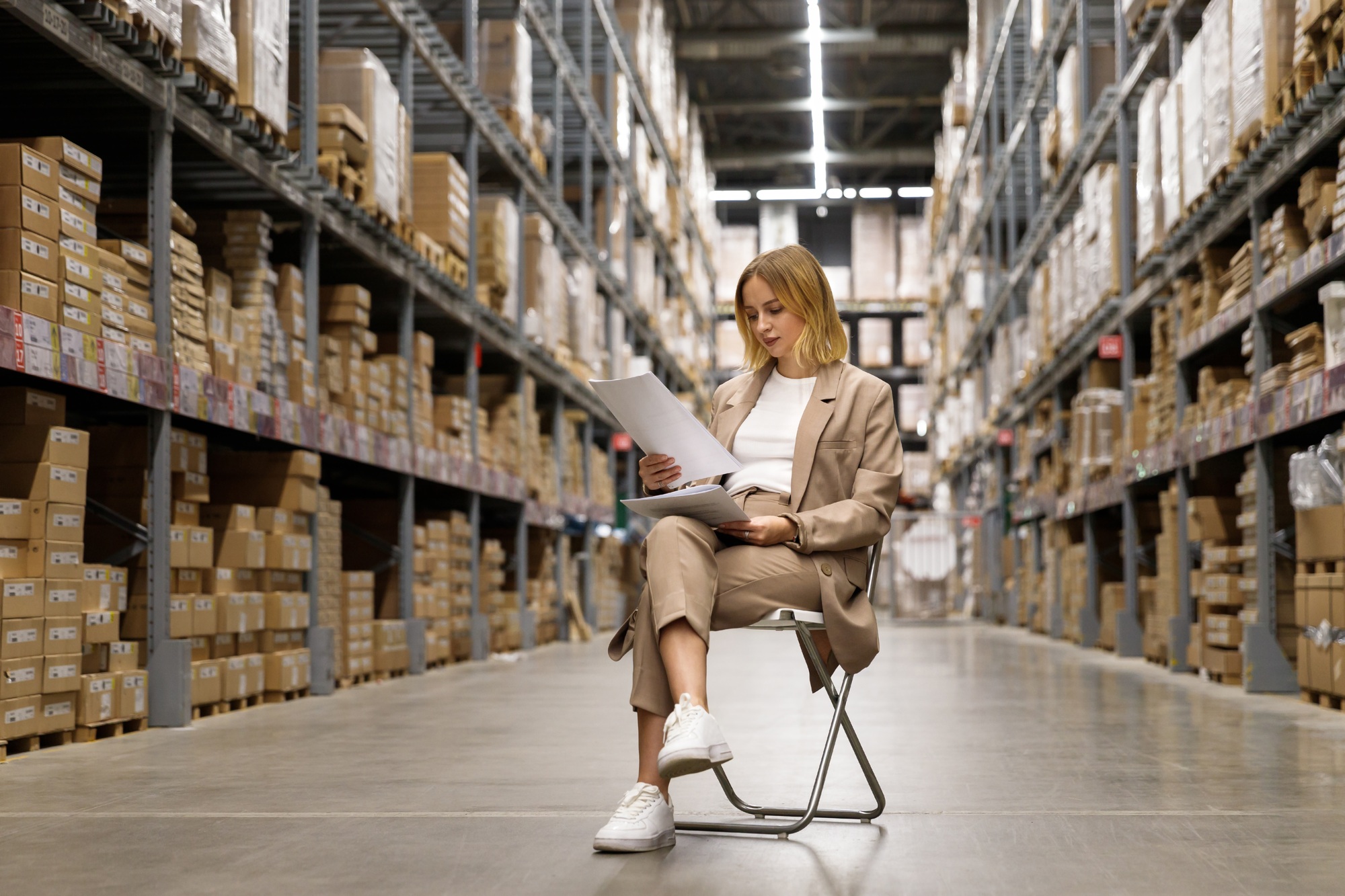 business woman or supervisor checking documents sitting on chair at facility storage warehouse