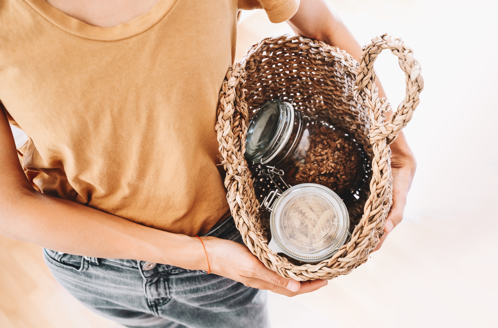 Woman with grocery shopping. Zero waste shop concept