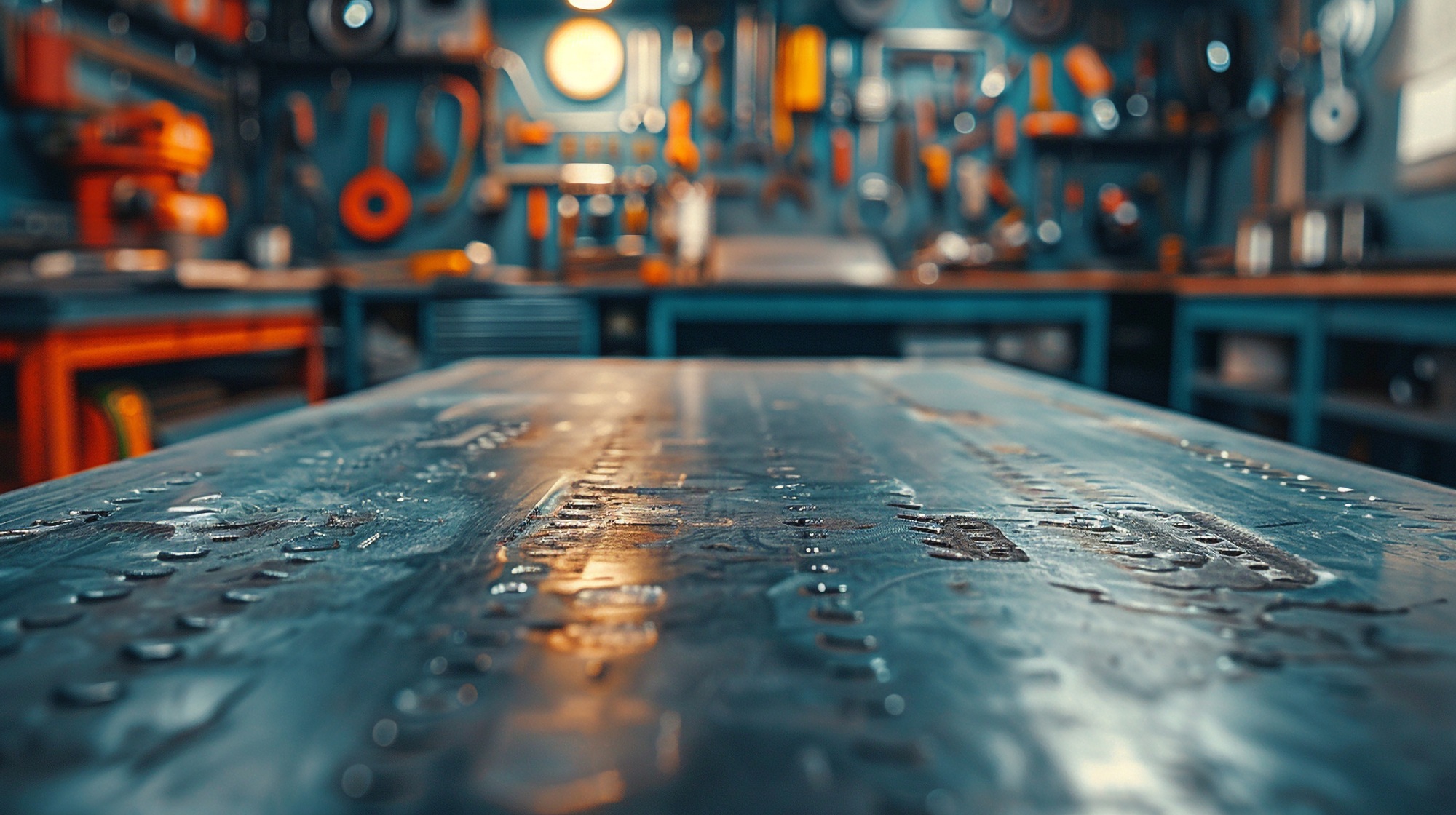 A metal blank tabletop with blurred automotive tools and parts in the background
