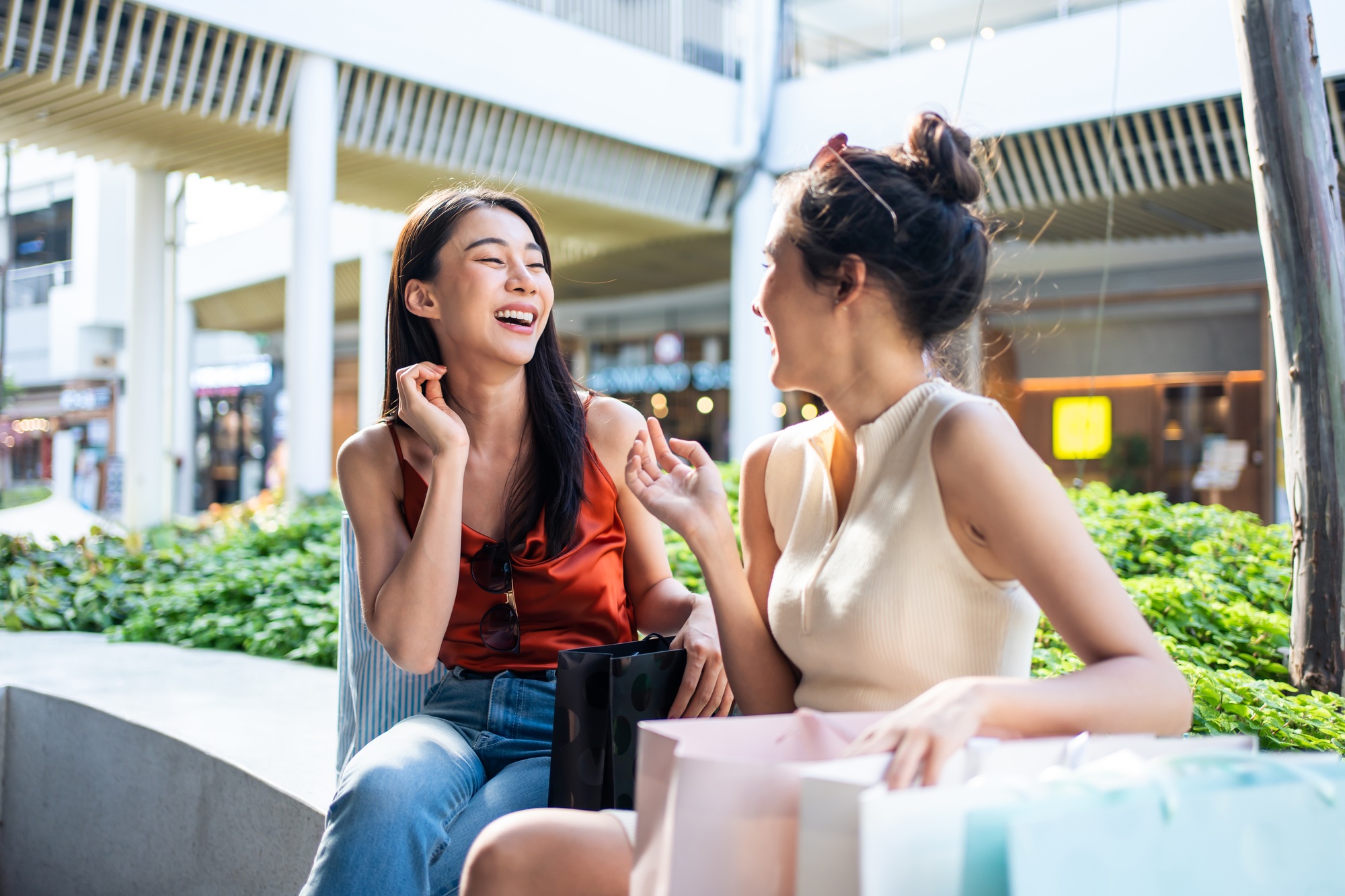 Asian beautiful two women shopping goods outdoor in department store.