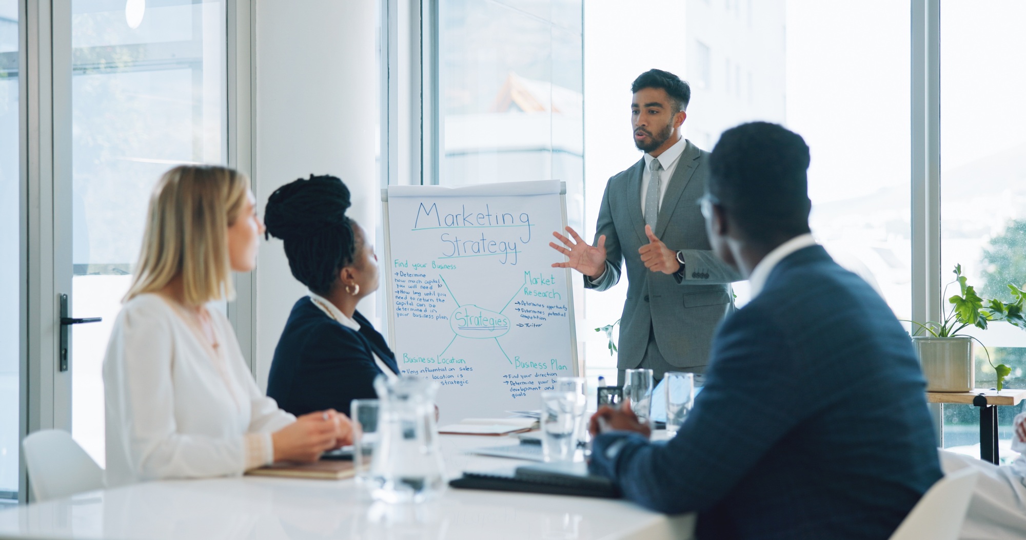 Business people presentation, whiteboard and man consulting, advertising pitch and explain strategy