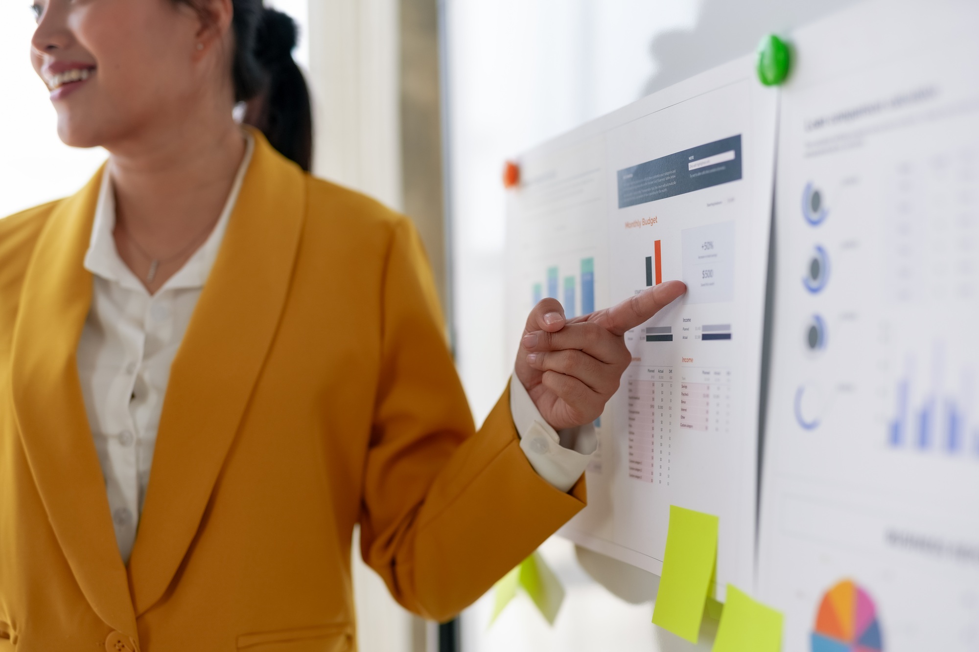 Businesswoman presenting data on a whiteboard in an office setting.