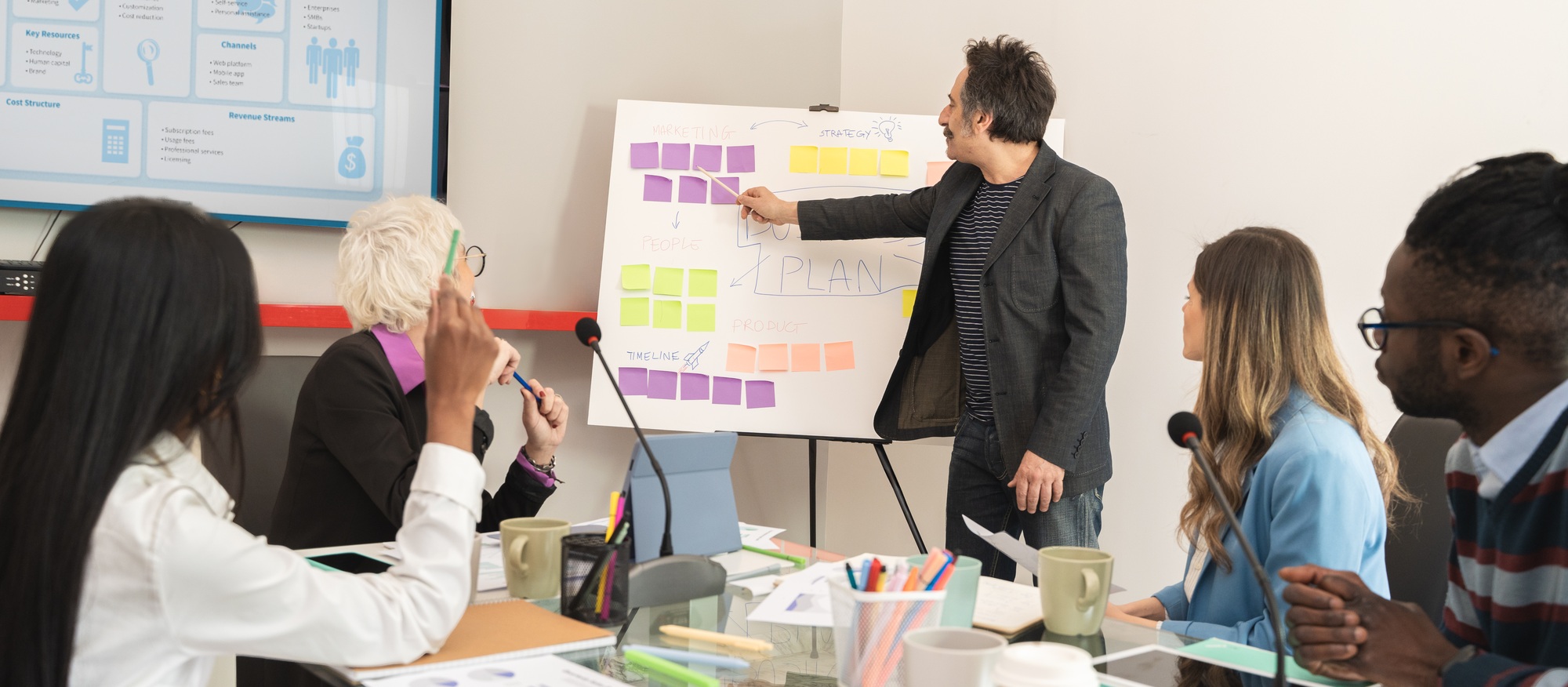 Diverse business team planning project timeline with sticky notes while leader presents strategy