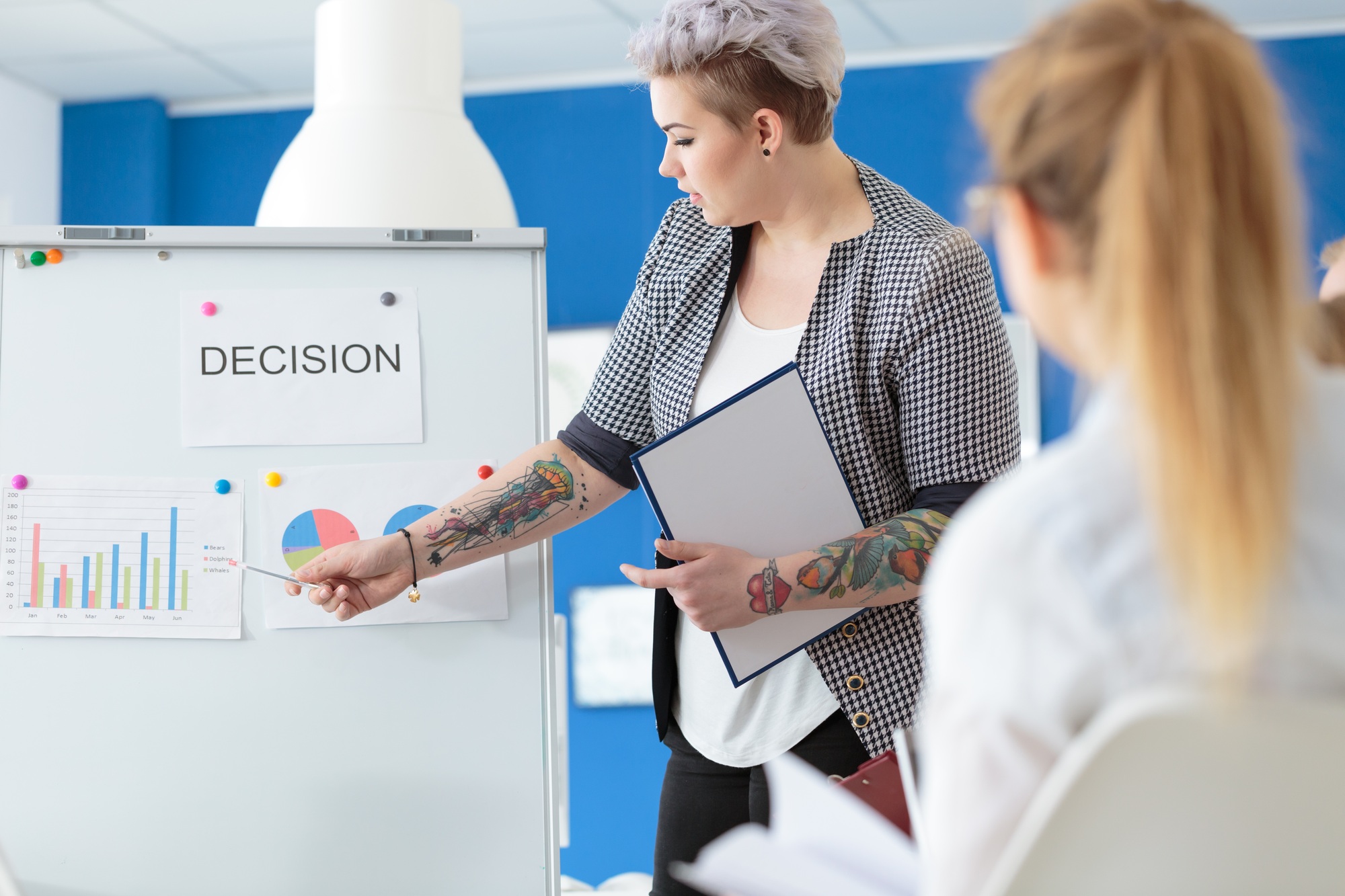 Employee introducing statistics