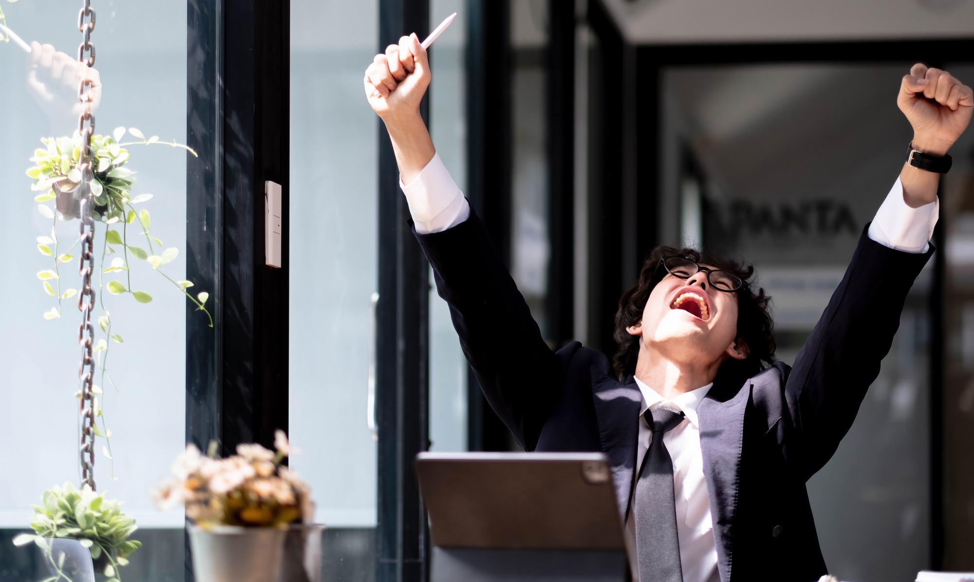 Excited overjoyed man received good news in letter, job promotion or great exam result, happy