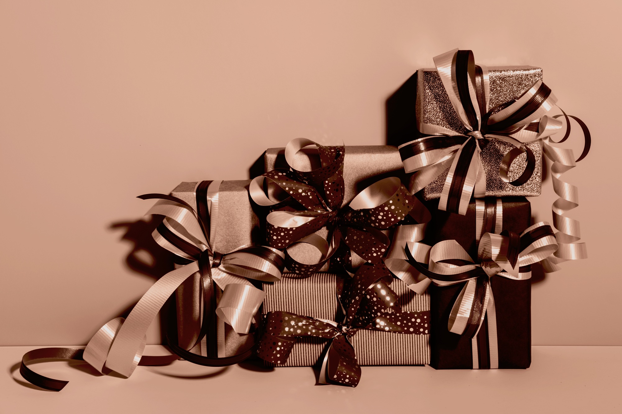 Gift boxes set in mocha mousse shades. Holiday Shopping concept
