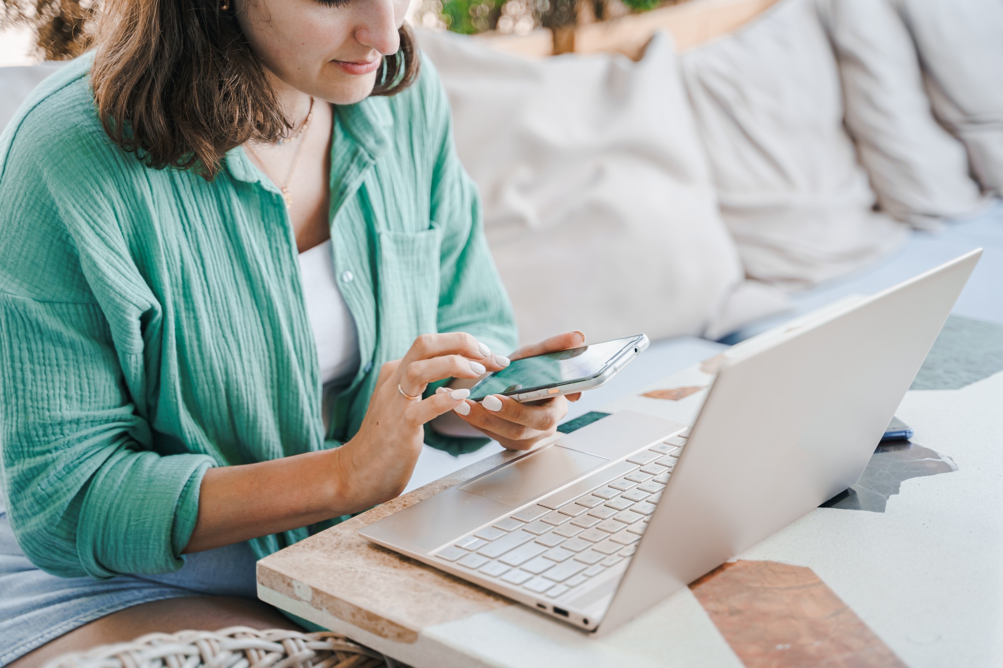 Girl,young woman with laptop.Online business meeting,interview,negotiations in cafe,restaurant.