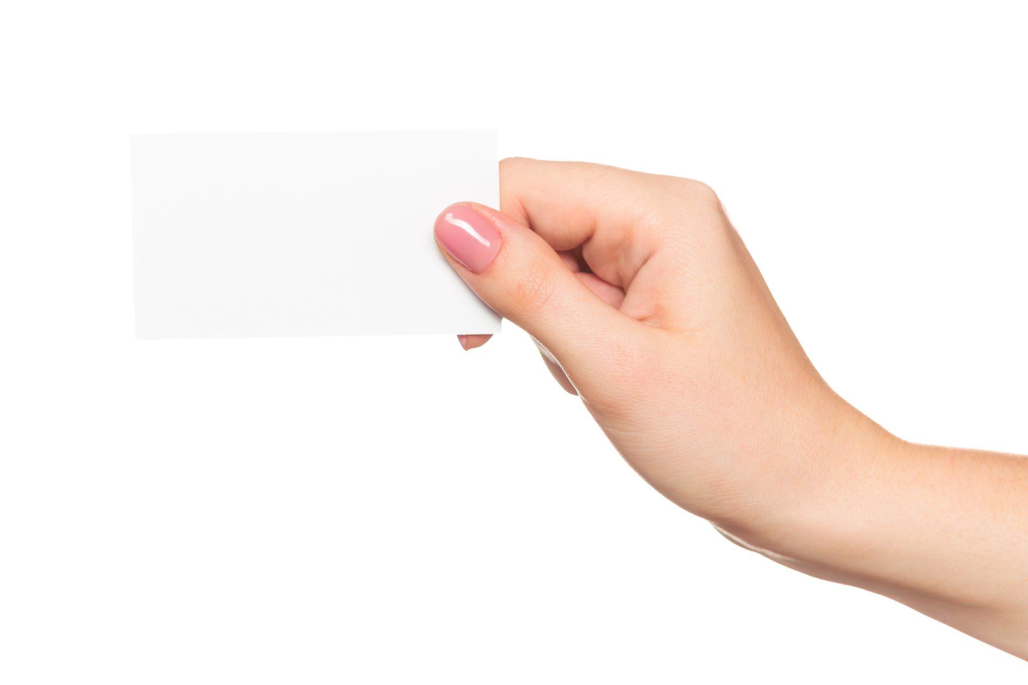 Hand holding a blank card against a white background, illustrating customization or design