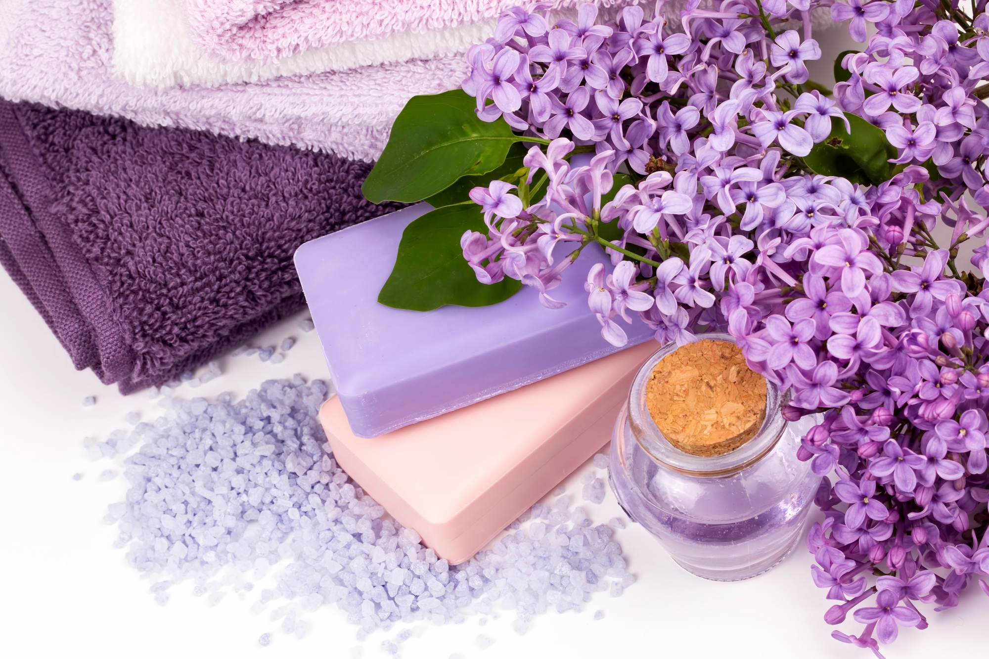 Lilac nature cosmetics, handmade preparation of essential oils, perfume, creams, soaps