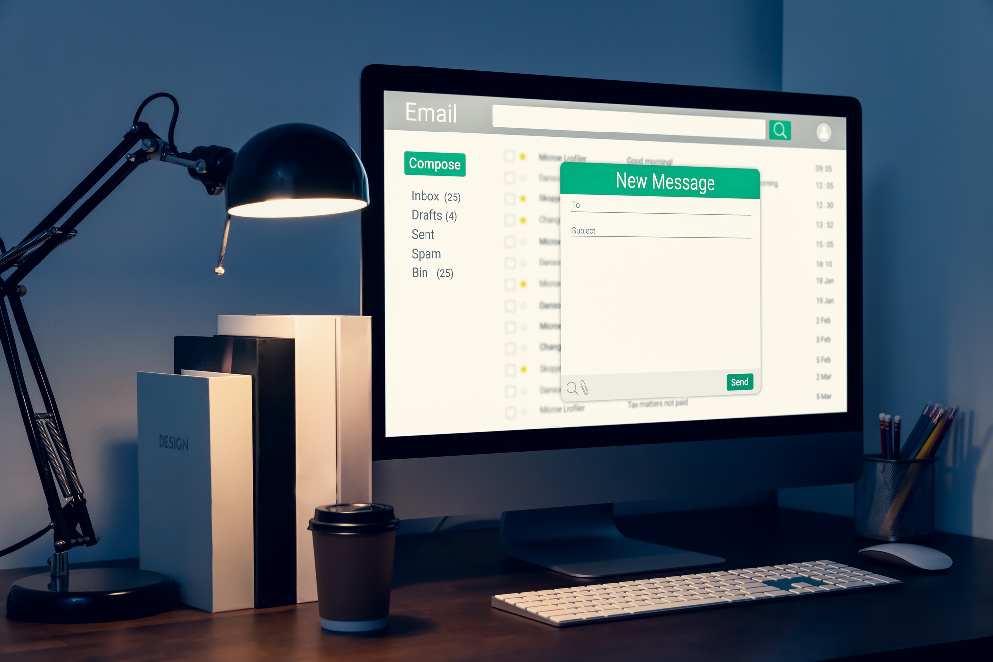New email alert on computer, communication connection message to global letters in the workplace.