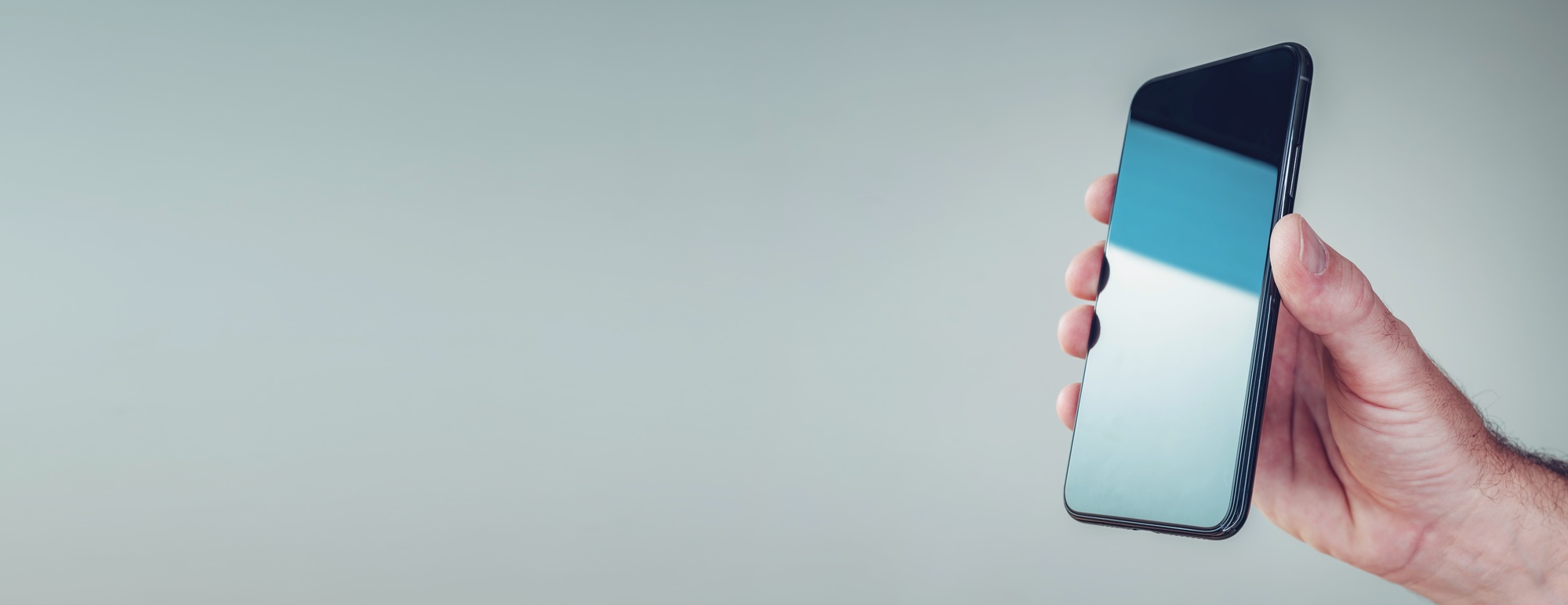 Panoramic image of male hand holding mobile smart phone