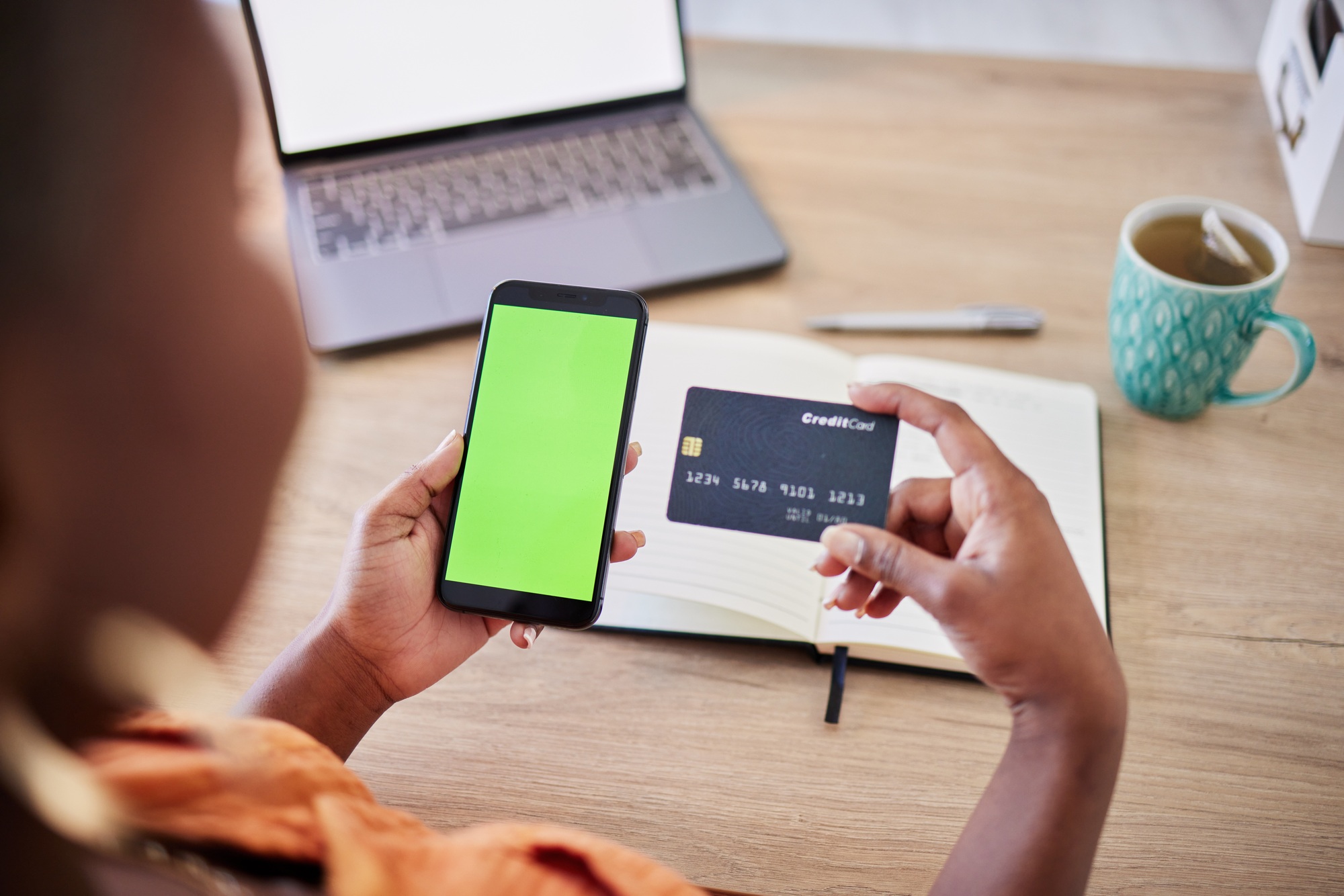 Phone, green screen or hands of woman with credit card on ui mockup space display for financial pay