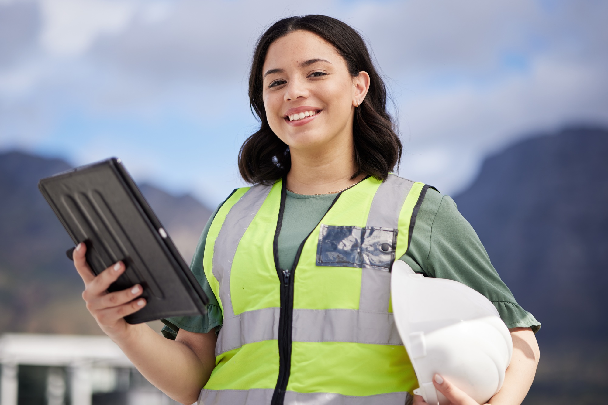 Portrait, engineering and woman with a tablet, outdoor and planning with website information, safet