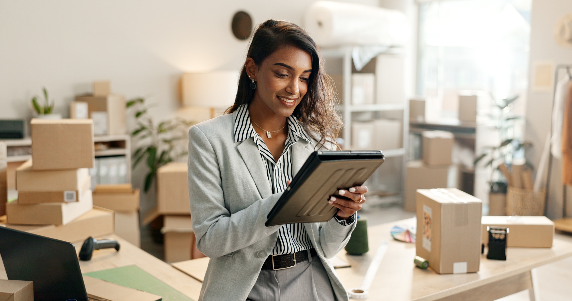 Small business, woman and tablet for e commerce, startup and inventory management of online shop, o