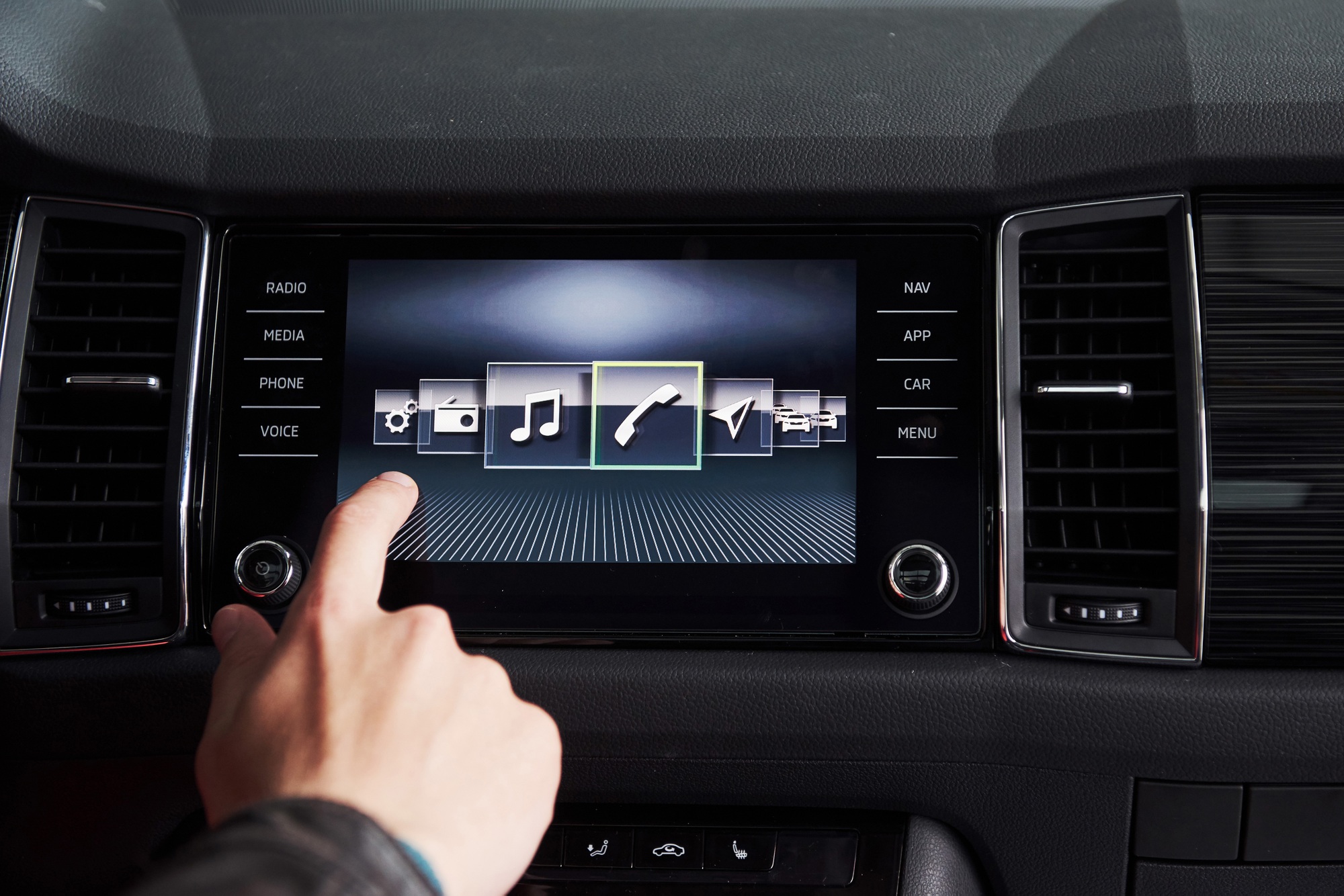 Smart car and internet of things IOT concept. Finger point to car 's console and icons popup out