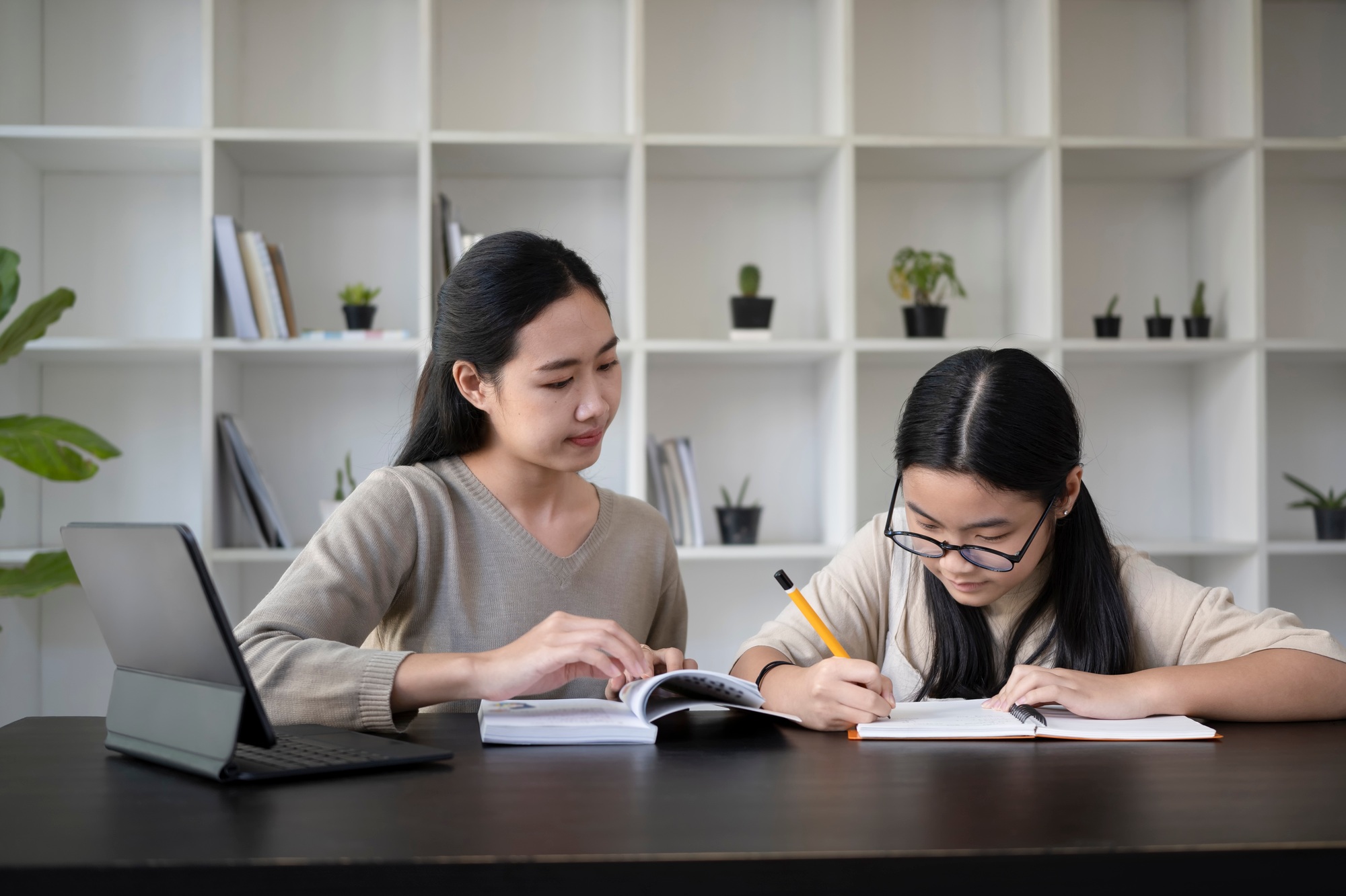 Smiling female tutor helping young student doing homework. Tutorial and educational concept.