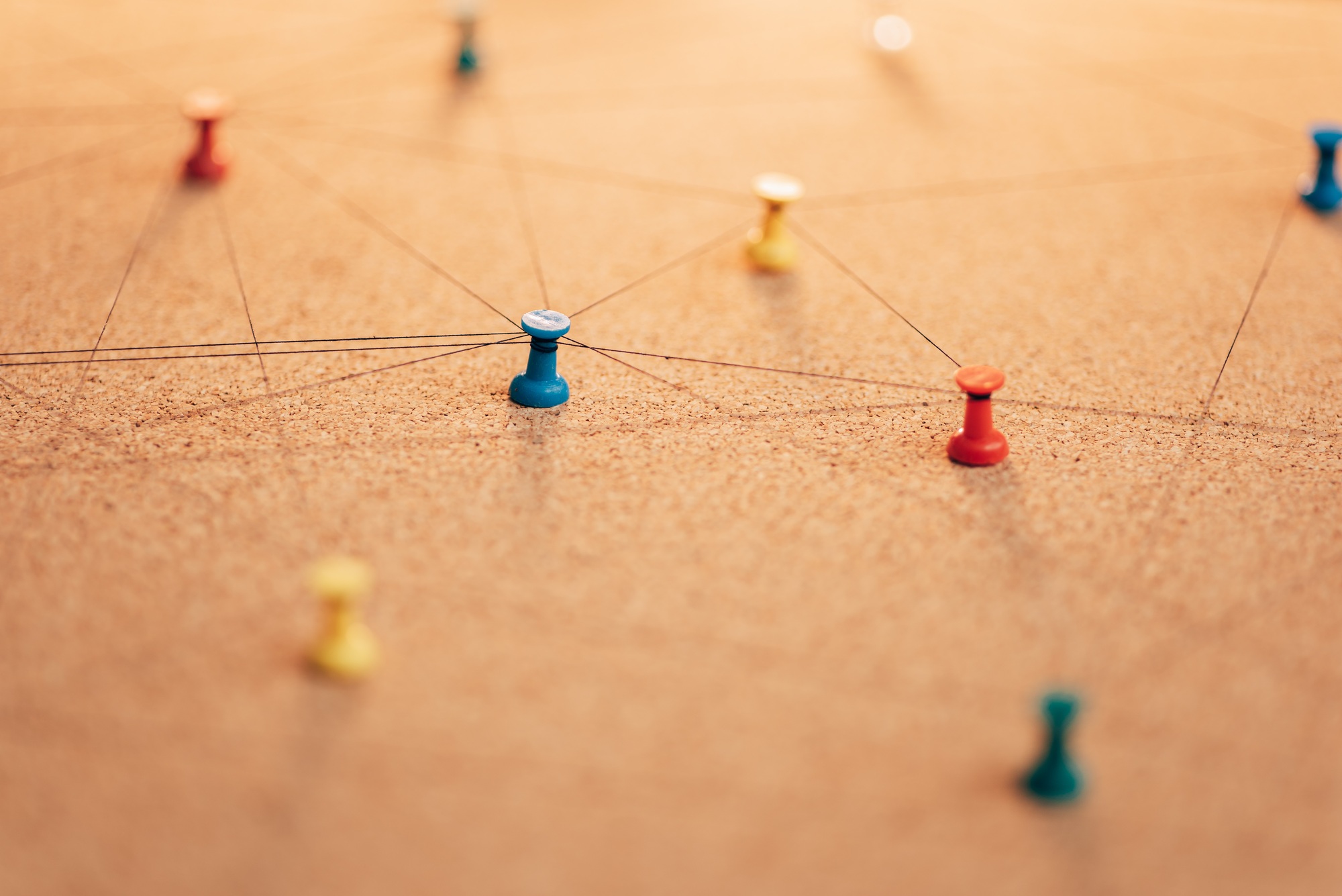 Thumbtacks on foam board with thread connections , showing the interconnection of things