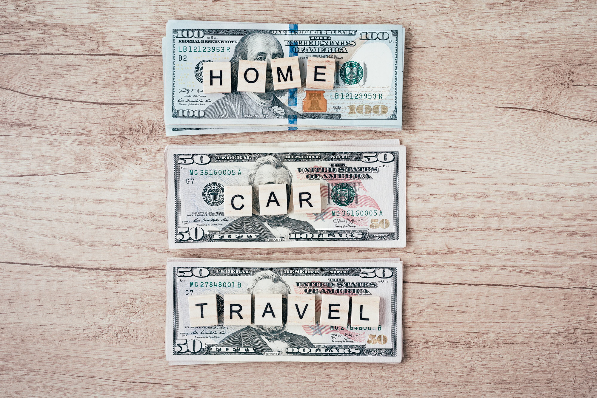 Words car, home and travel on a dollar bills, top view