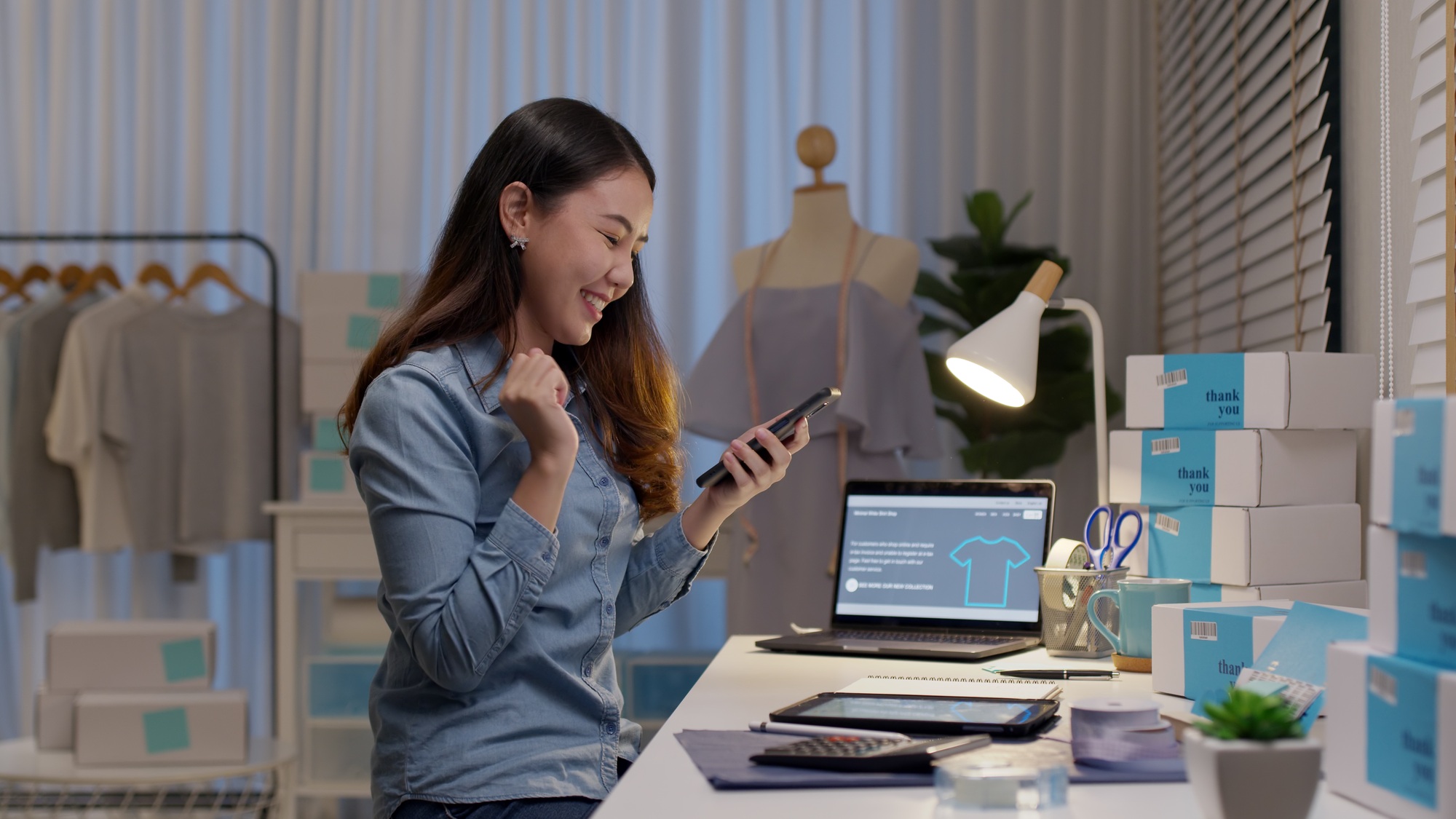 Young attractive beautiful female entrepreneur fund borrower crazy joyful