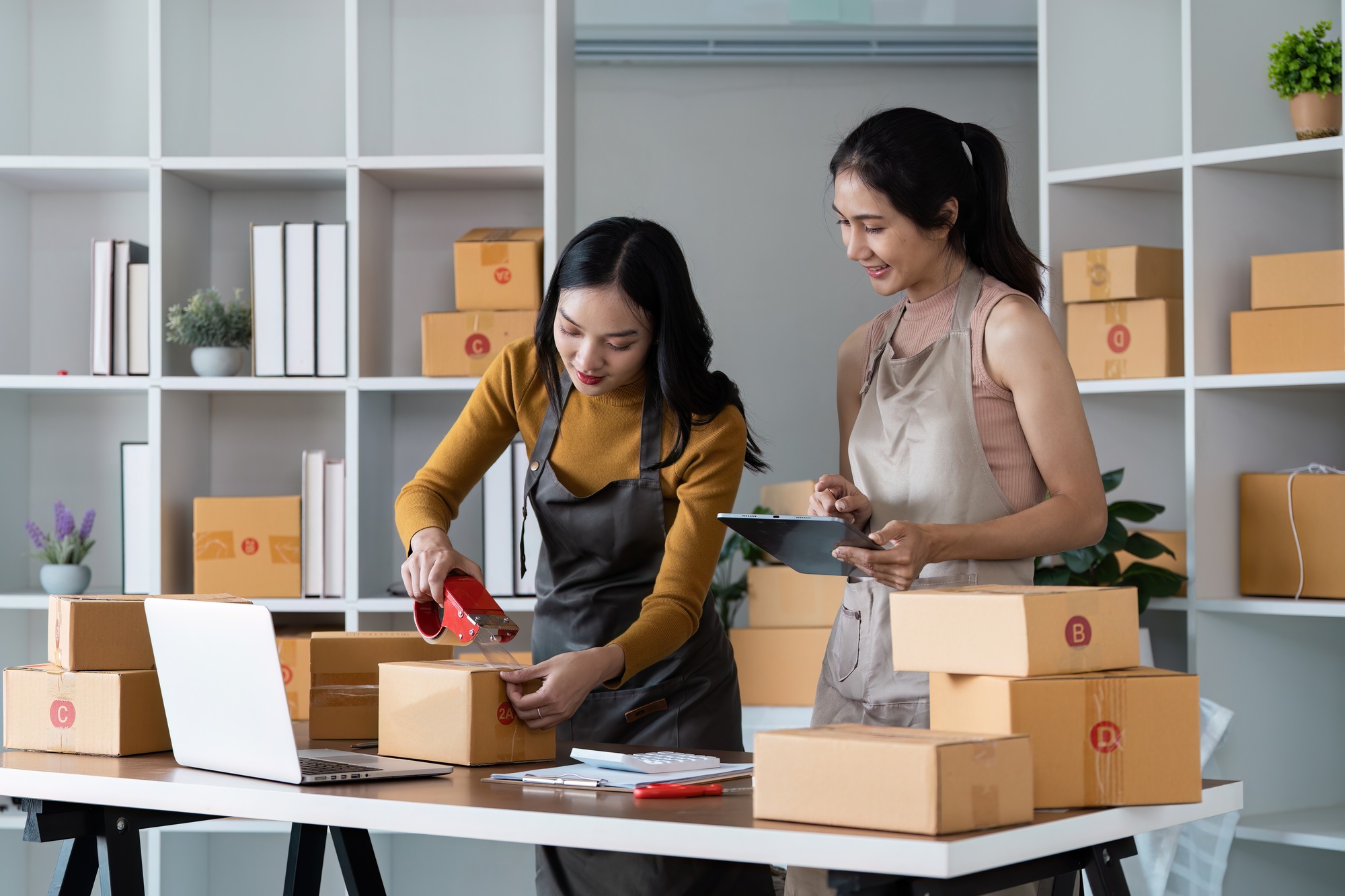 Young Entrepreneurs Managing Online Store Operations with Packaging and Digital Tools in Modern