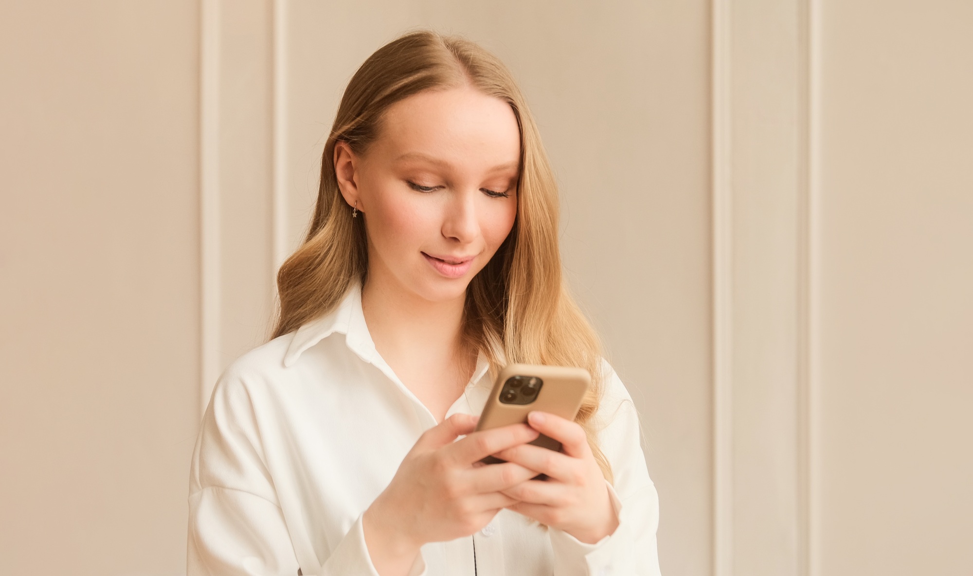 Young woman using dating app on phone, swiping and touching screen. Using smart phone