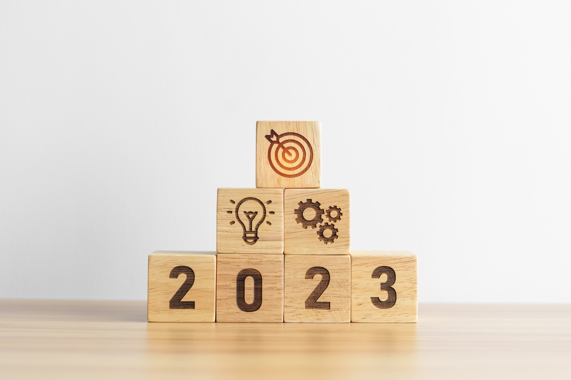 2023 wood block with business goal, plan.