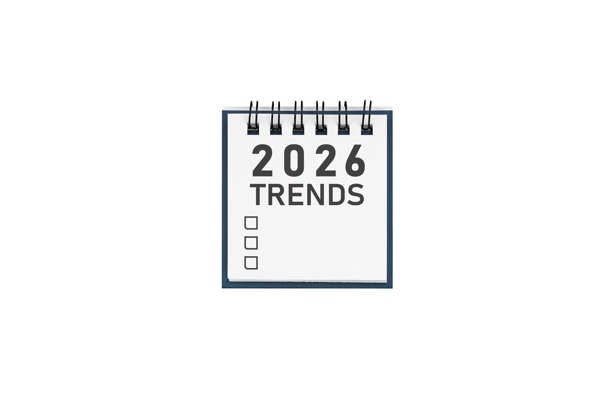 2026 Trends calendar on light blue backdrop. Ideal for planning, business goals