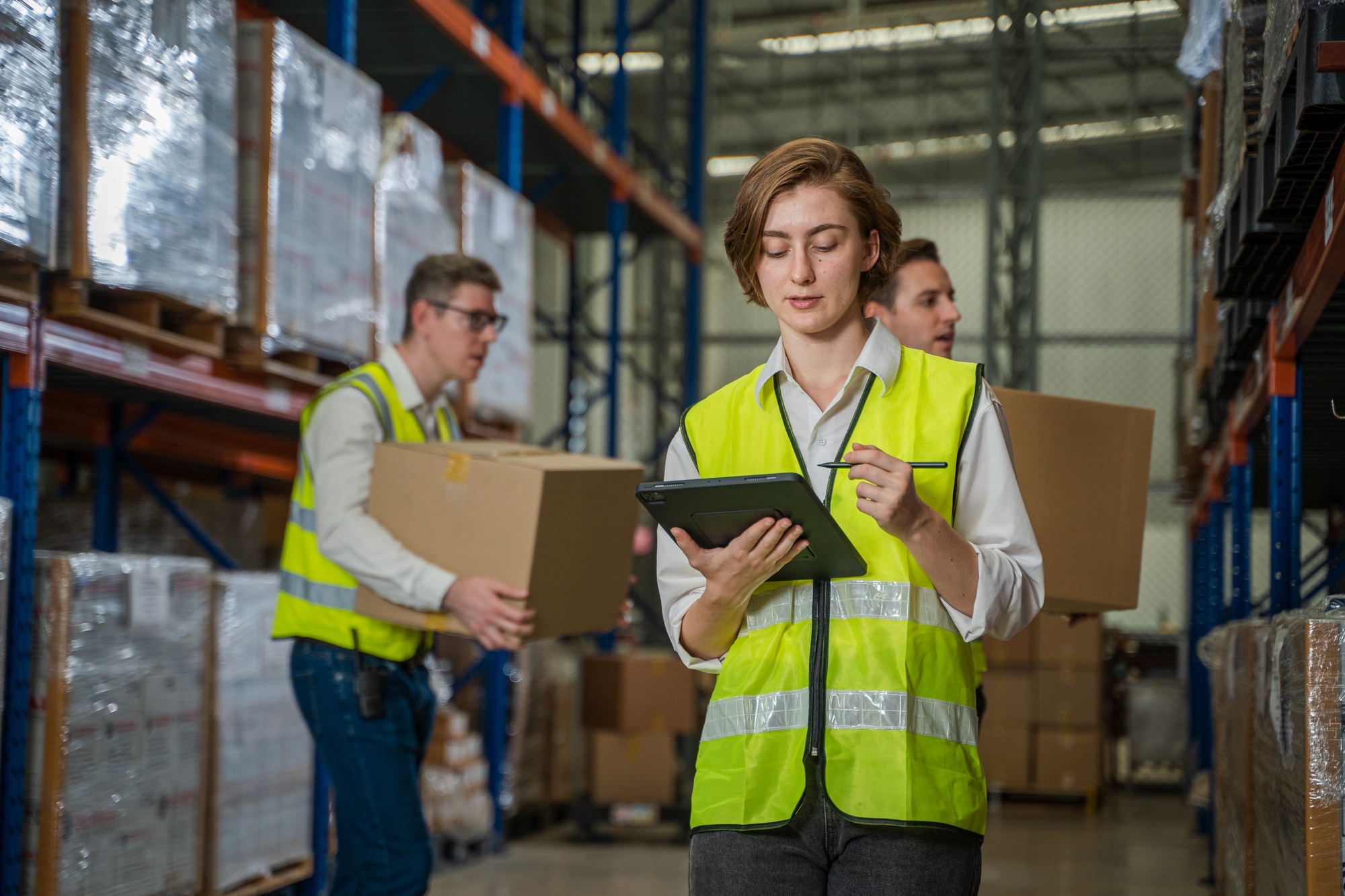 Warehouse employees uses digital tablet computer with Inventory checking software.