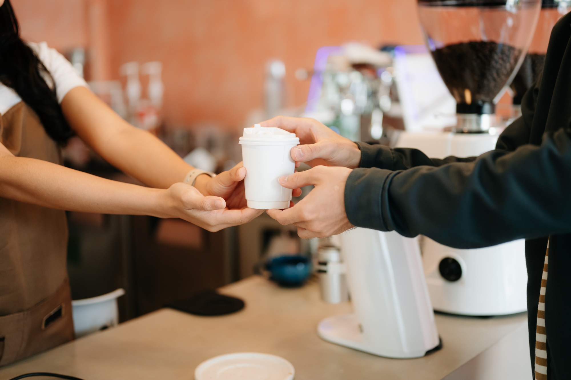 waitress with pos at coffee shop with sale, deal and fintech for customer experience. People,