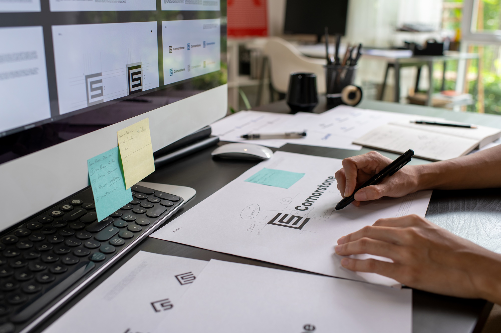 Graphic designer drawing sketches logo design.