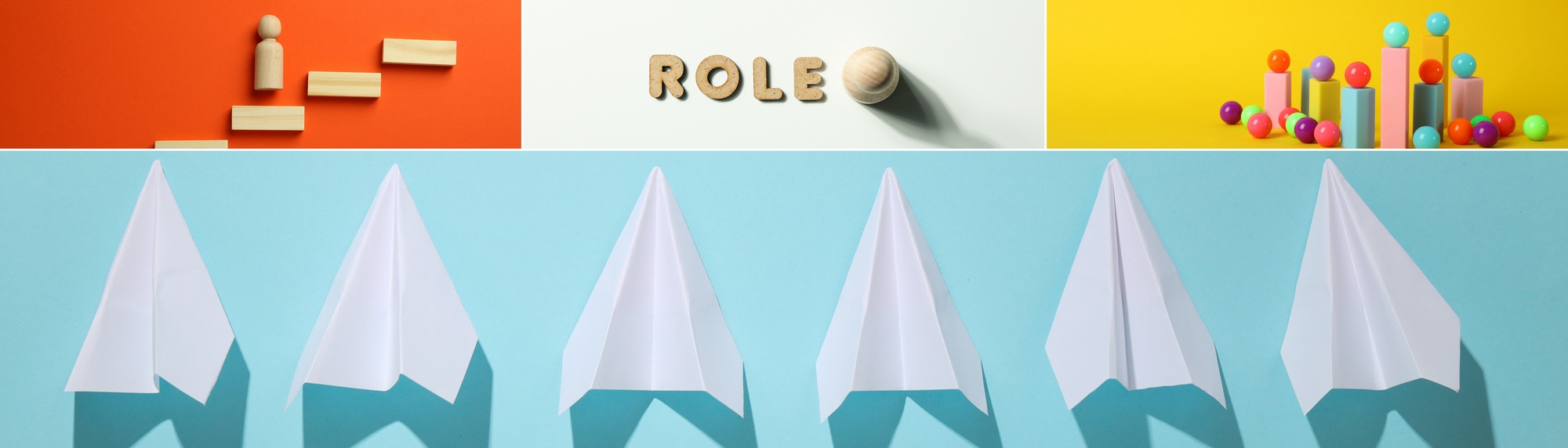 A collage of photos, the concept of what role a person plays in a career.