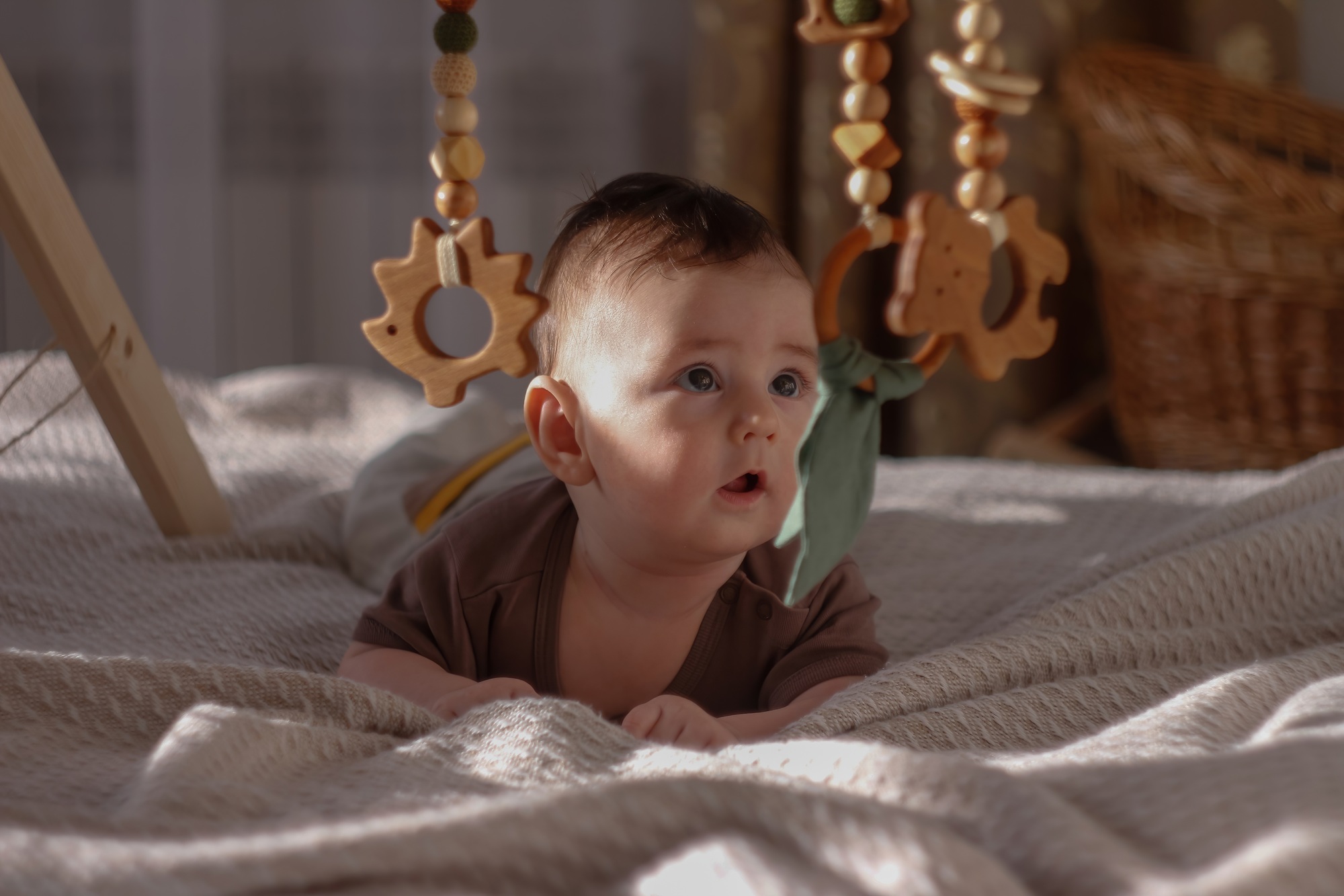 A four-month-old baby plays with eco-friendly wooden toys.