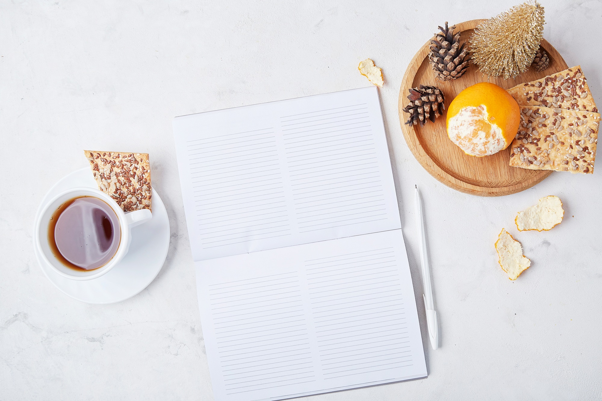 A mock-up scene with coffee, confetti, and New Year's resolutions, setting the tone