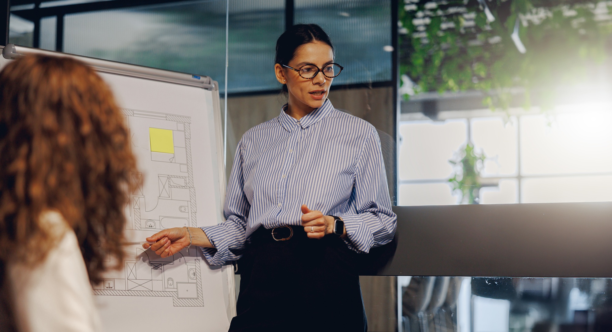 A Professional Woman is Presenting a Comprehensive Strategy in a Contemporary Office Setting