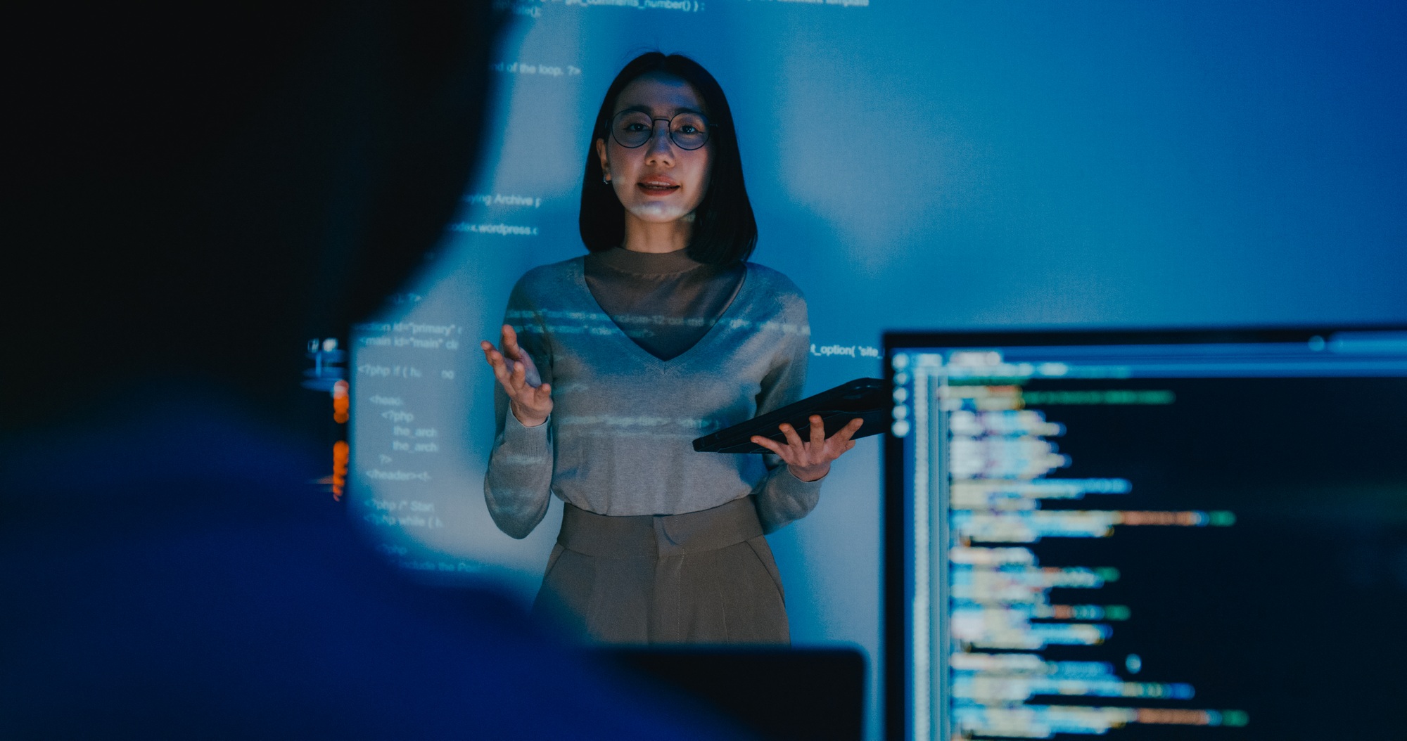 Asia female software developer mentor leader manager talk strategy plan to executive write prompt AI
