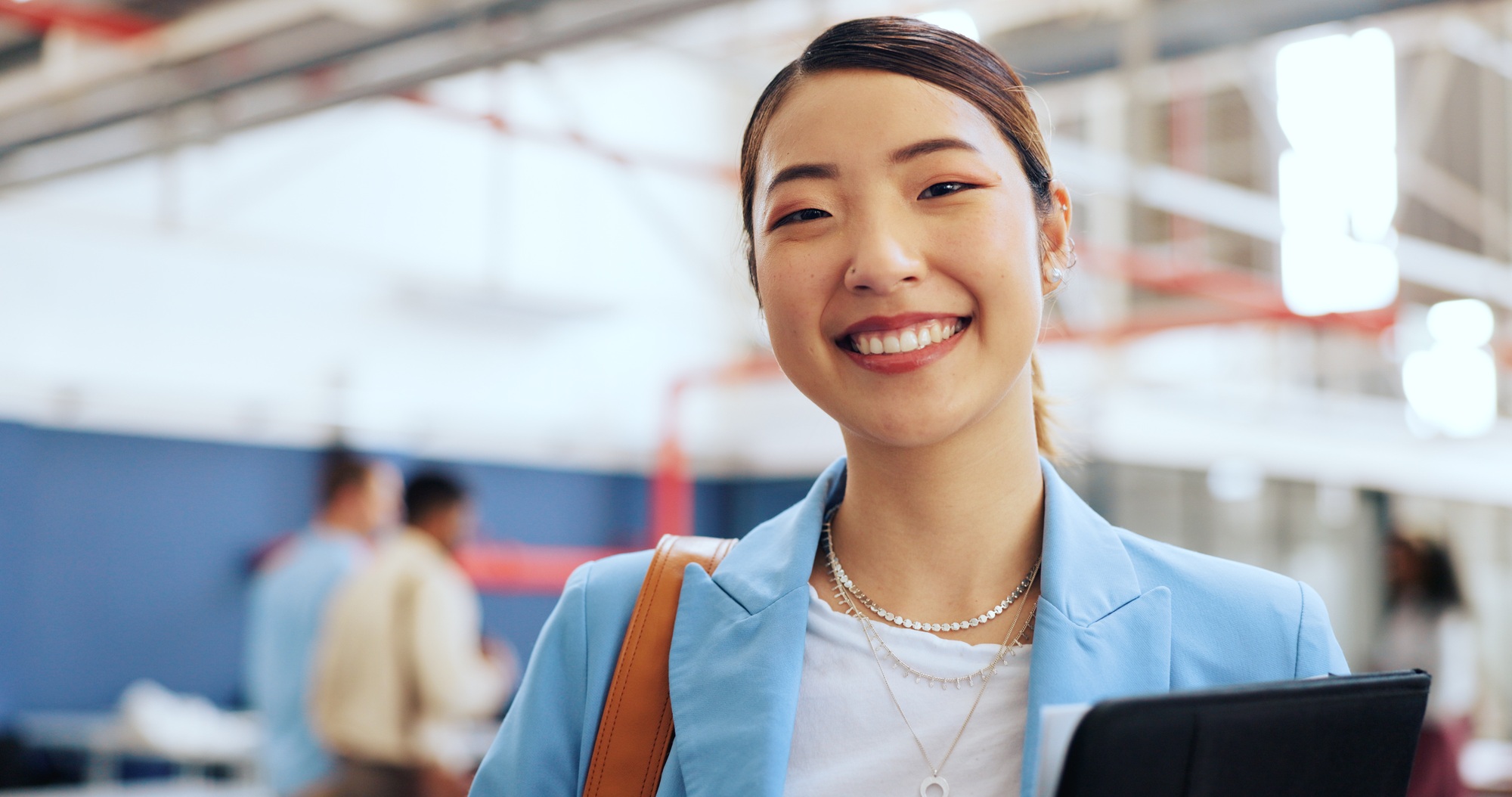 Asian business woman, face or folders of marketing proposal, advertising strategy planning or brand