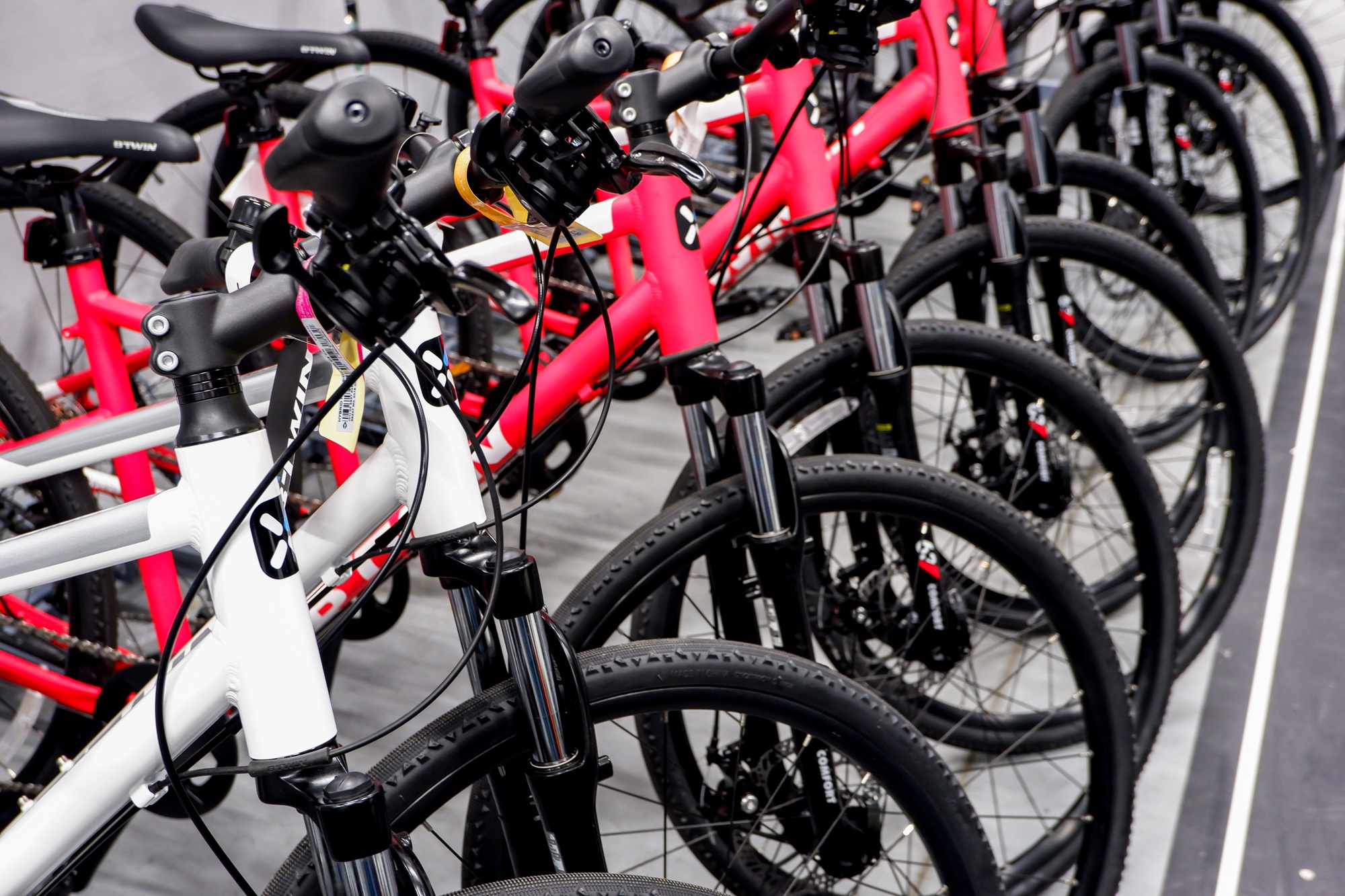 Bicycles on retail display. Sport store warehouse